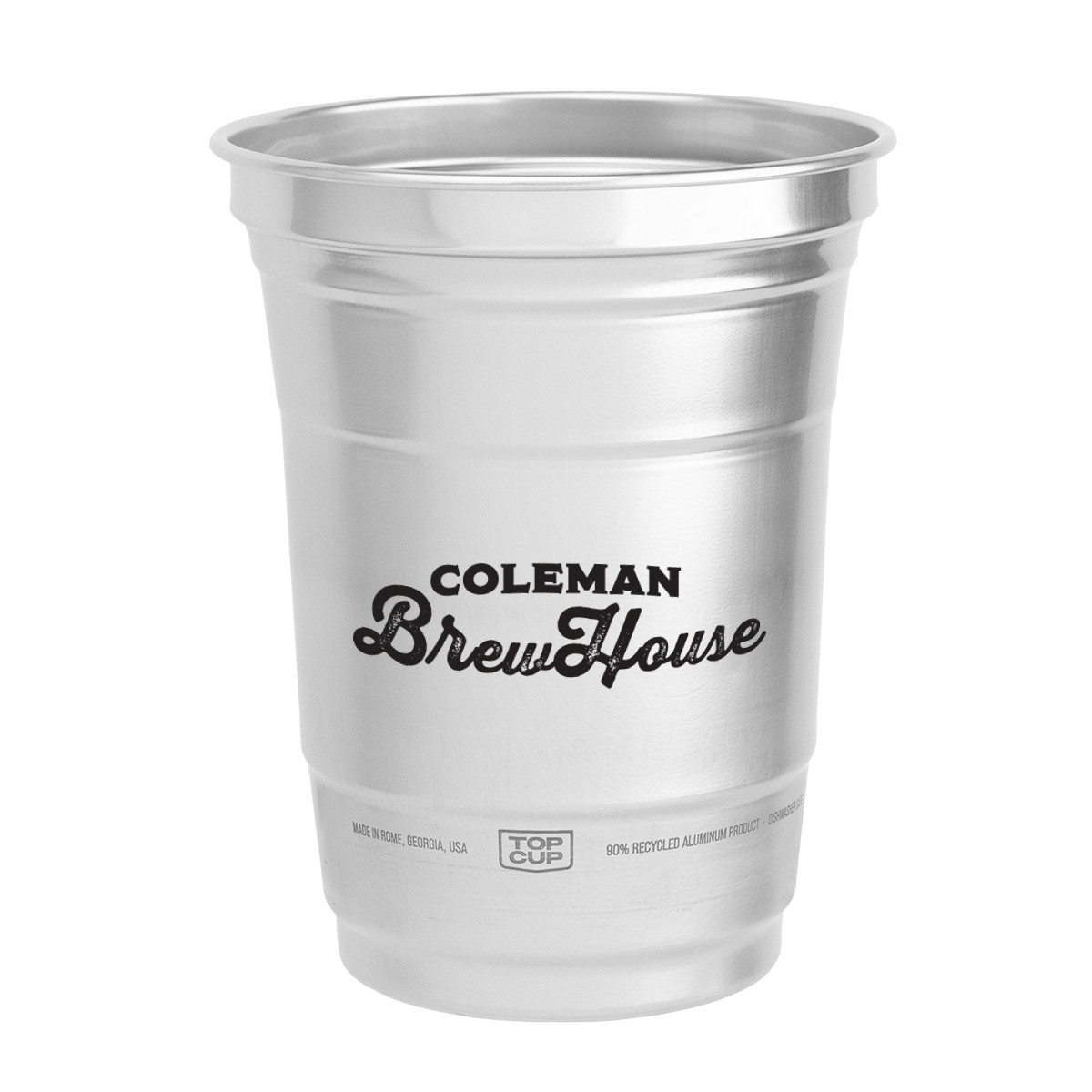 Silver recycled aluminum reusable beverage cup with a smooth metallic finish, lightweight stackable design, and BPA-free construction.