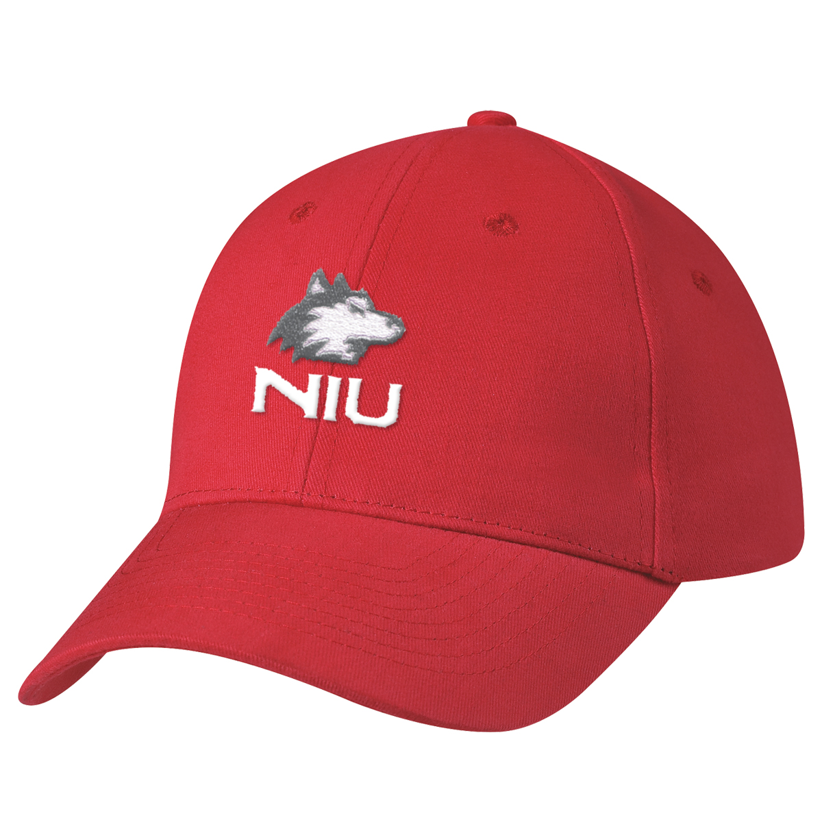 Red Pinnacle 6-Panel Brushed Custom Hat featuring 100% brushed cotton twill, a structured six-panel medium-profile crown, pre-curved visor, adjustable hook-and-loop closure, and a customizable front panel for embroidered logos, ideal for everyday wear, team events, and promotional giveaways.