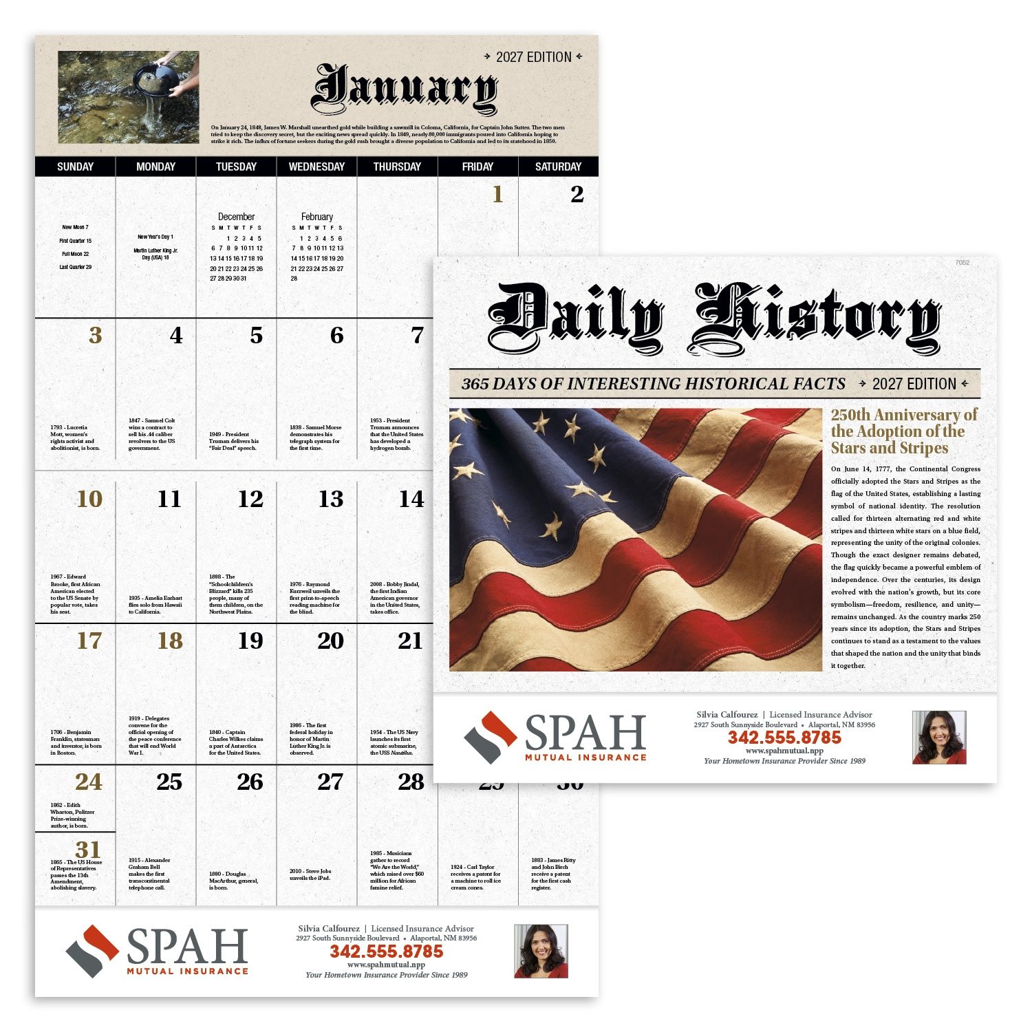2027 American history stapled wall calendar featuring colorful historical imagery, UV-coated cover, and FSC®-certified paper with monthly calendar pages.