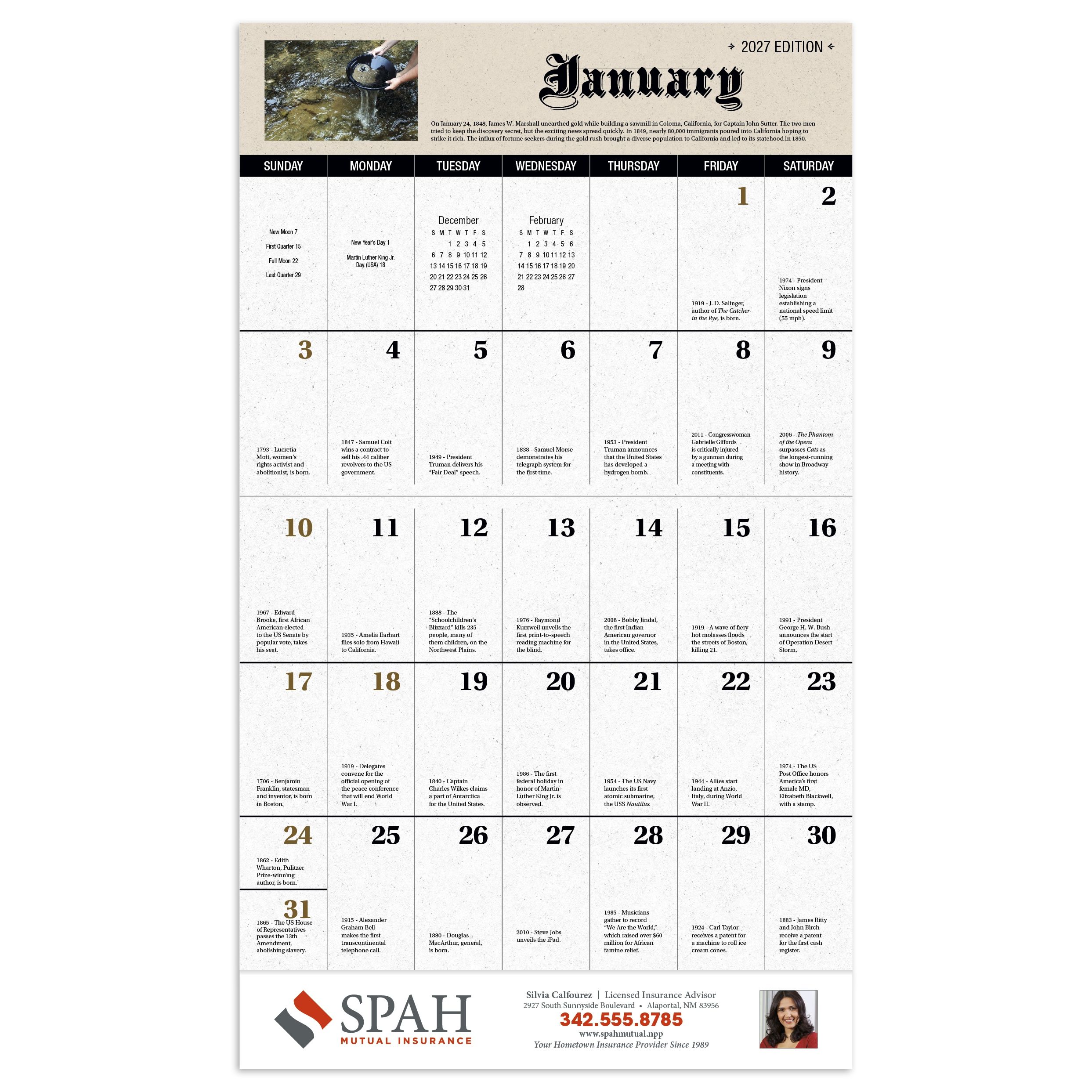 2027 American history stapled wall calendar featuring colorful historical imagery, UV-coated cover, and FSC®-certified paper with monthly calendar pages.