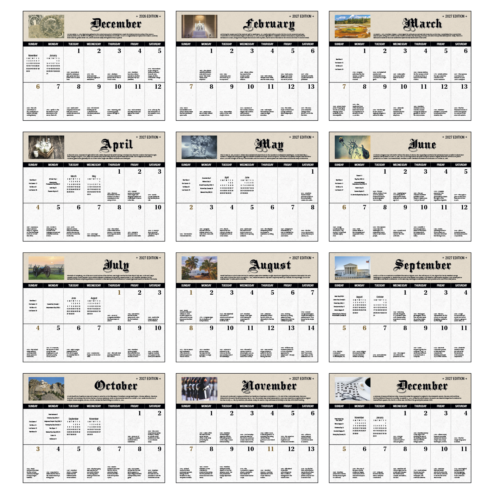 2027 American history stapled wall calendar featuring colorful historical imagery, UV-coated cover, and FSC®-certified paper with monthly calendar pages.