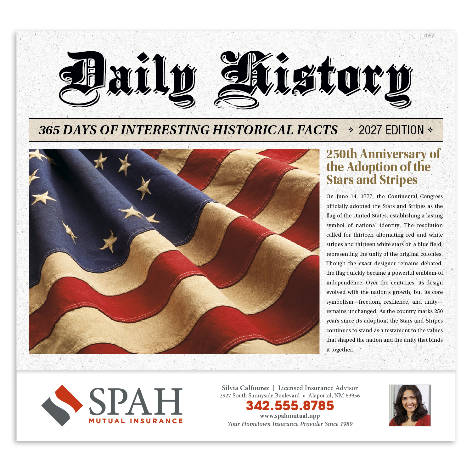 2027 American history stapled wall calendar featuring colorful historical imagery, UV-coated cover, and FSC®-certified paper with monthly calendar pages.
