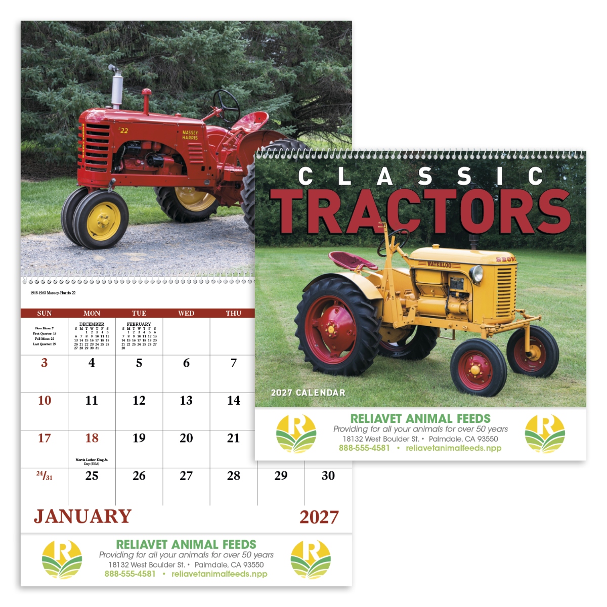 Vintage tractor wall calendar featuring restored antique tractors and nostalgic farming scenes.