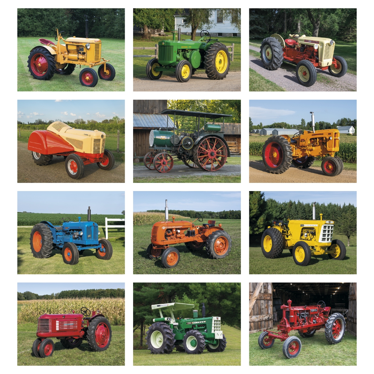 Vintage tractor wall calendar featuring restored antique tractors and nostalgic farming scenes.