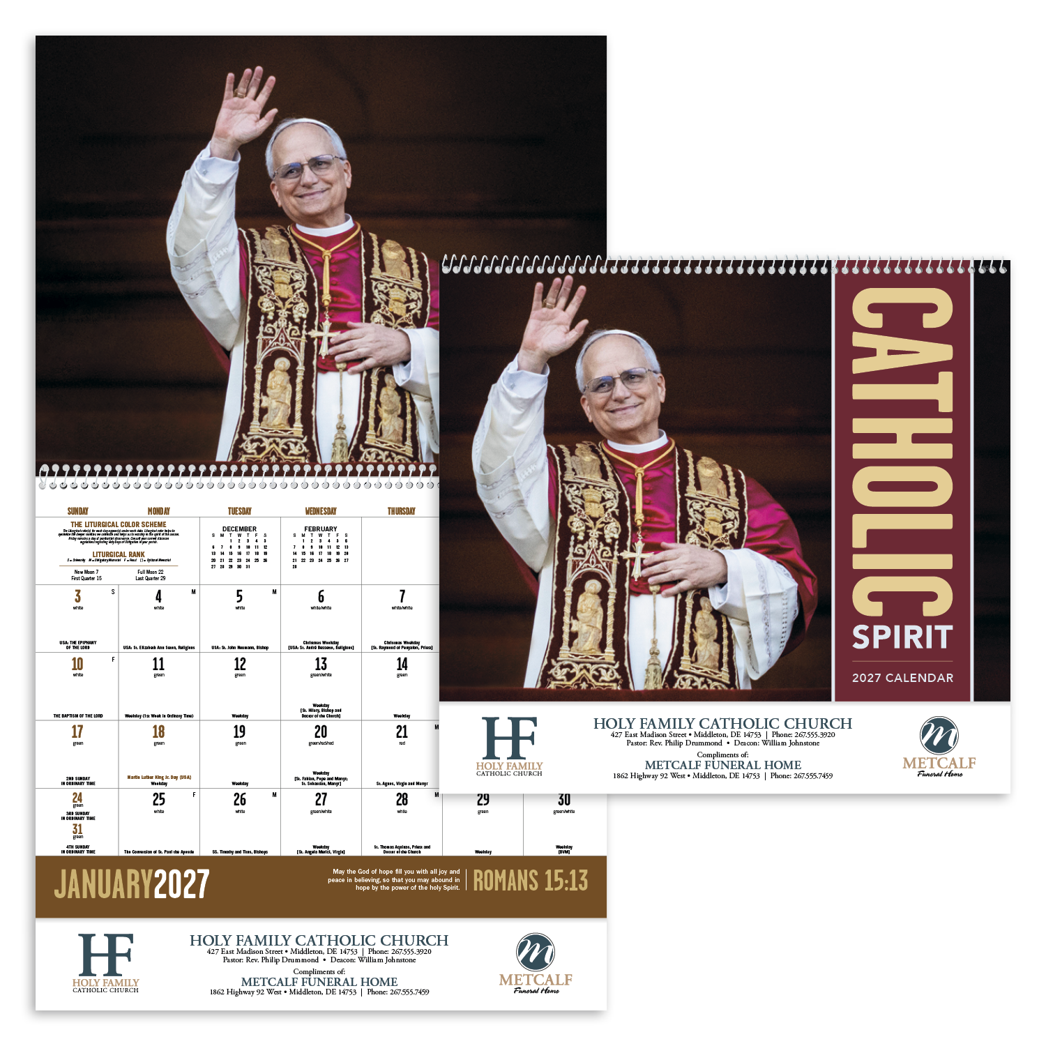 Catholic Spirit Spiral Appointment Calendar featuring inspiring Catholic liturgy, seasonal religious artwork, and faith-based monthly reflections, glossy spiral-bound pages with spacious appointment calendar grids, and a wall calendar design for churches, homes, offices, and year-round scheduling.