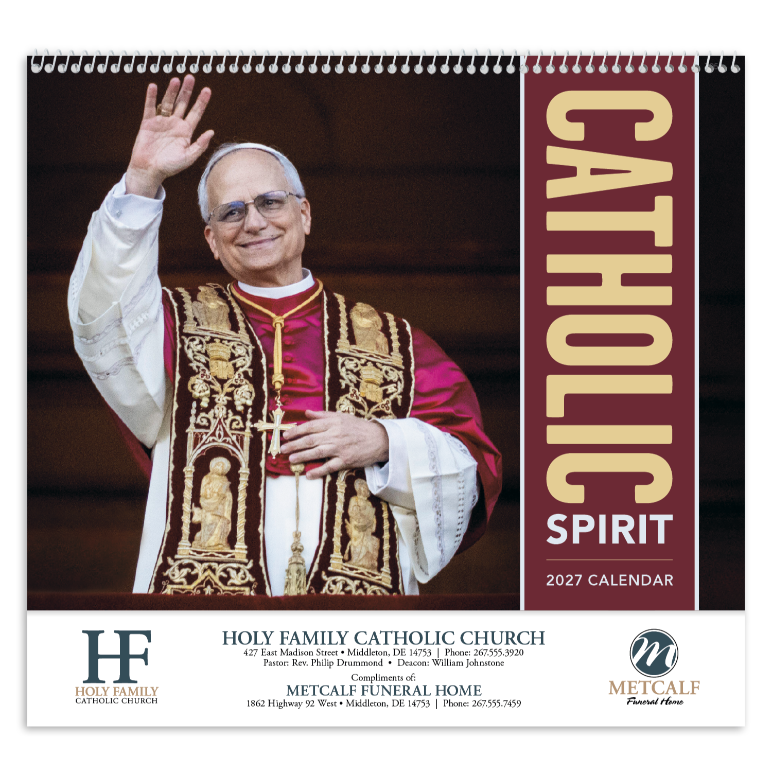 Catholic Spirit Spiral Appointment Calendar featuring inspiring Catholic liturgy, seasonal religious artwork, and faith-based monthly reflections, glossy spiral-bound pages with spacious appointment calendar grids, and a wall calendar design for churches, homes, offices, and year-round scheduling.