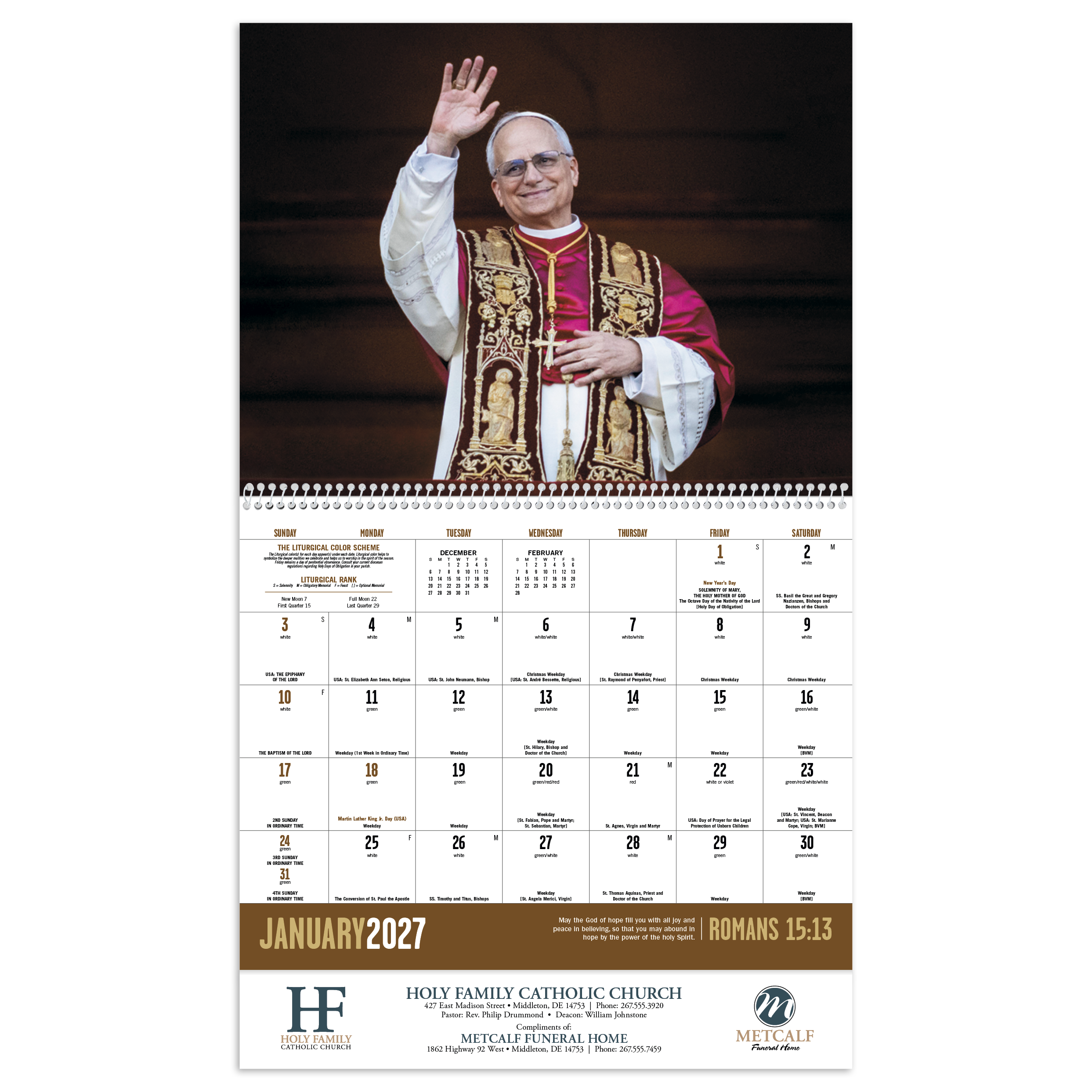 Catholic Spirit Spiral Appointment Calendar featuring inspiring Catholic liturgy, seasonal religious artwork, and faith-based monthly reflections, glossy spiral-bound pages with spacious appointment calendar grids, and a wall calendar design for churches, homes, offices, and year-round scheduling.