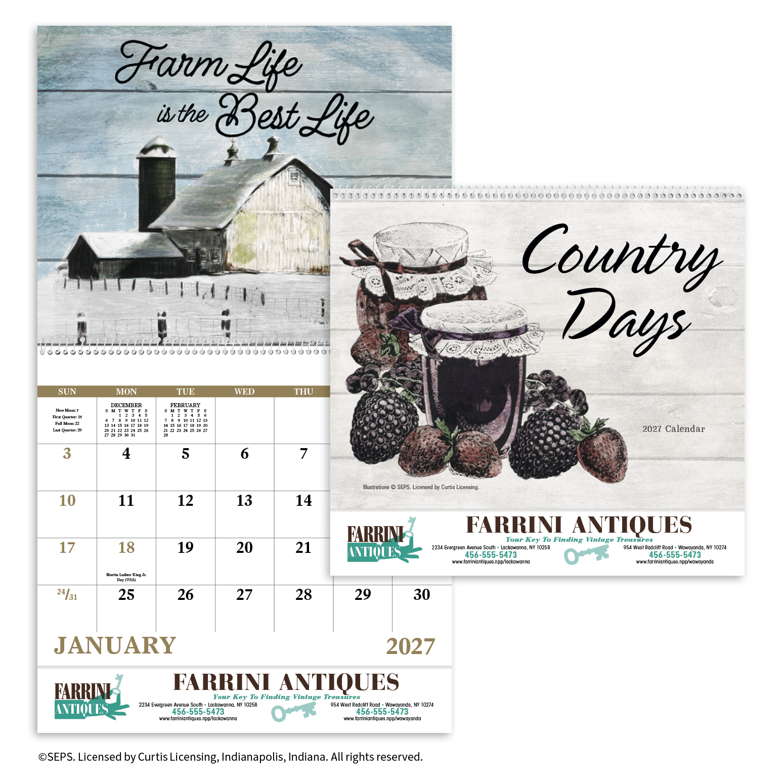 Country Days Spiral Calendar featuring nostalgic vintage country signs and rustic Americana artwork, glossy spiral-bound pages with spacious monthly appointment calendar grids, and a wall calendar design for homes, offices, garages, and year-round scheduling.