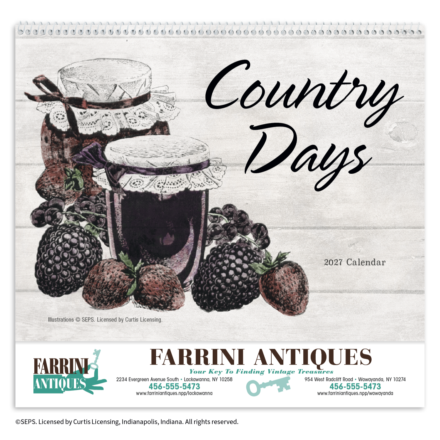 Country Days Spiral Calendar featuring nostalgic vintage country signs and rustic Americana artwork, glossy spiral-bound pages with spacious monthly appointment calendar grids, and a wall calendar design for homes, offices, garages, and year-round scheduling.