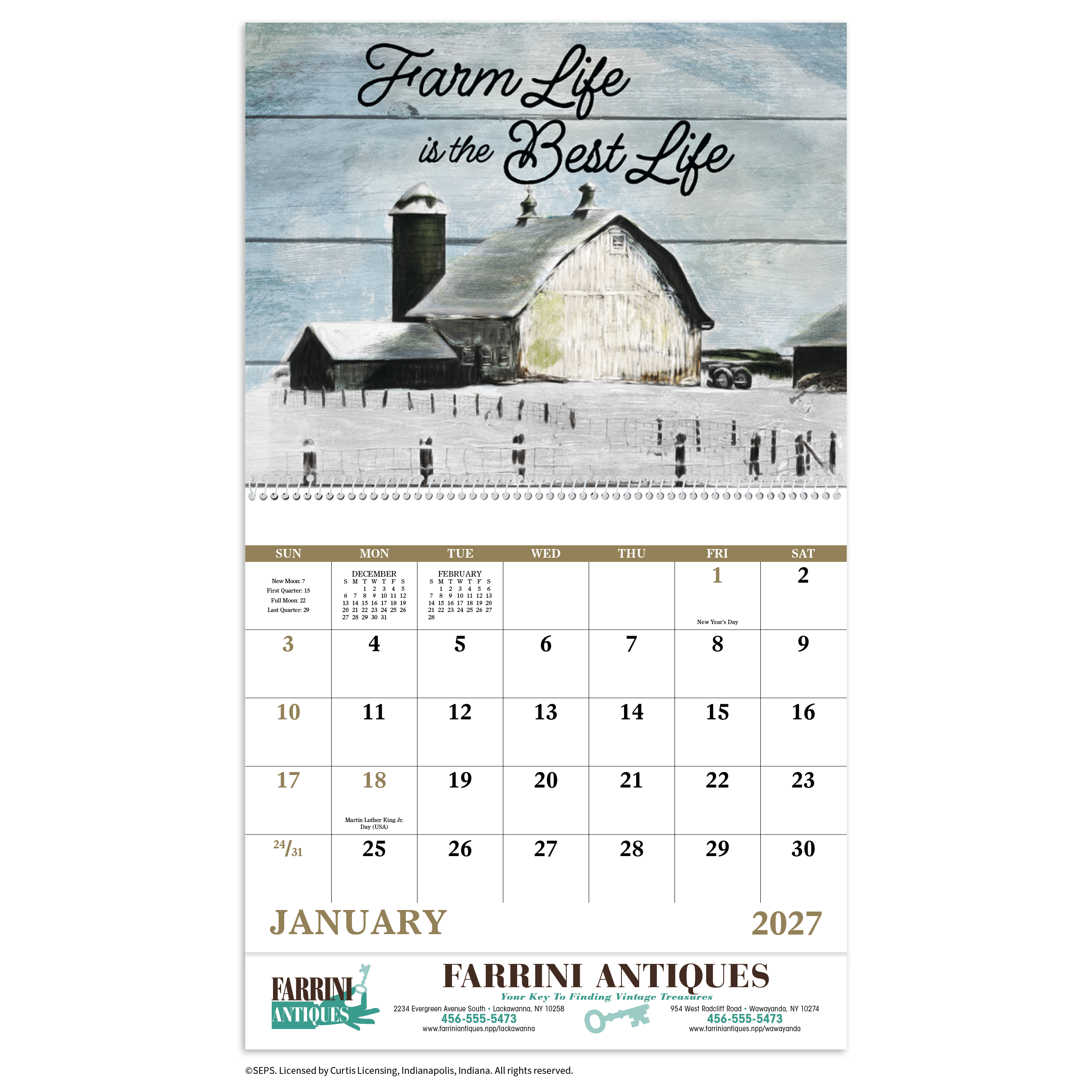 Country Days Spiral Calendar featuring nostalgic vintage country signs and rustic Americana artwork, glossy spiral-bound pages with spacious monthly appointment calendar grids, and a wall calendar design for homes, offices, garages, and year-round scheduling.