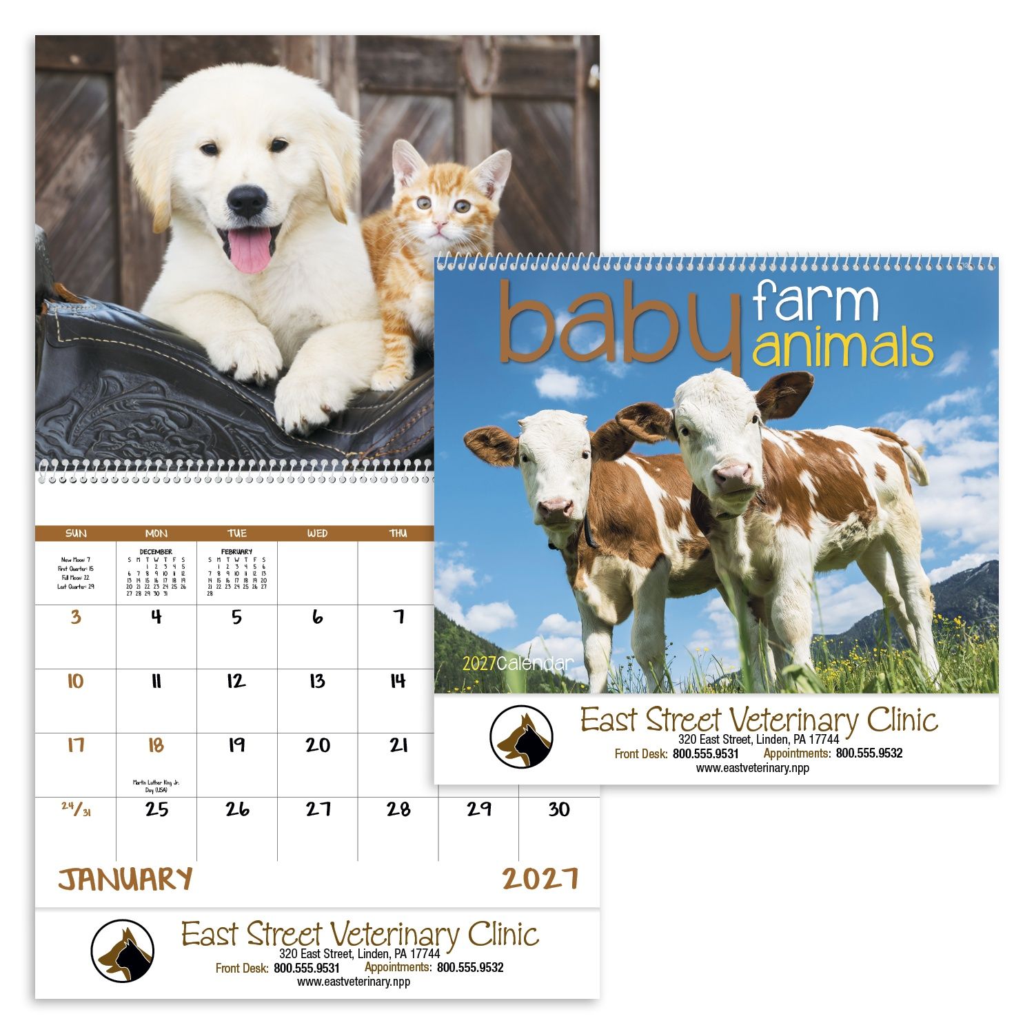 2027 spiral wall calendar featuring adorable baby farm animals including calves, piglets, lambs, chicks, and foals with colorful barnyard photography and a glossy UV-coated cover.