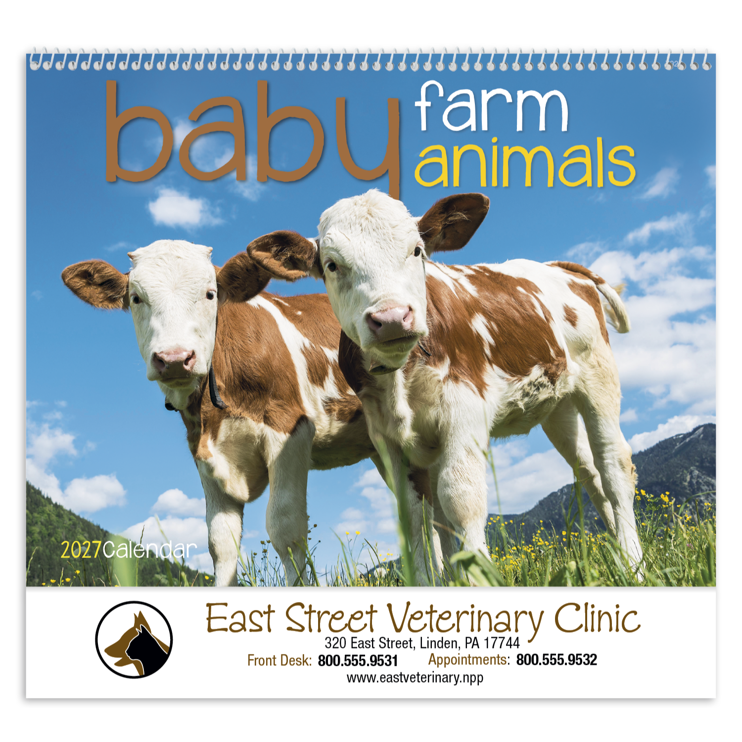 2027 spiral wall calendar featuring adorable baby farm animals including calves, piglets, lambs, chicks, and foals with colorful barnyard photography and a glossy UV-coated cover.