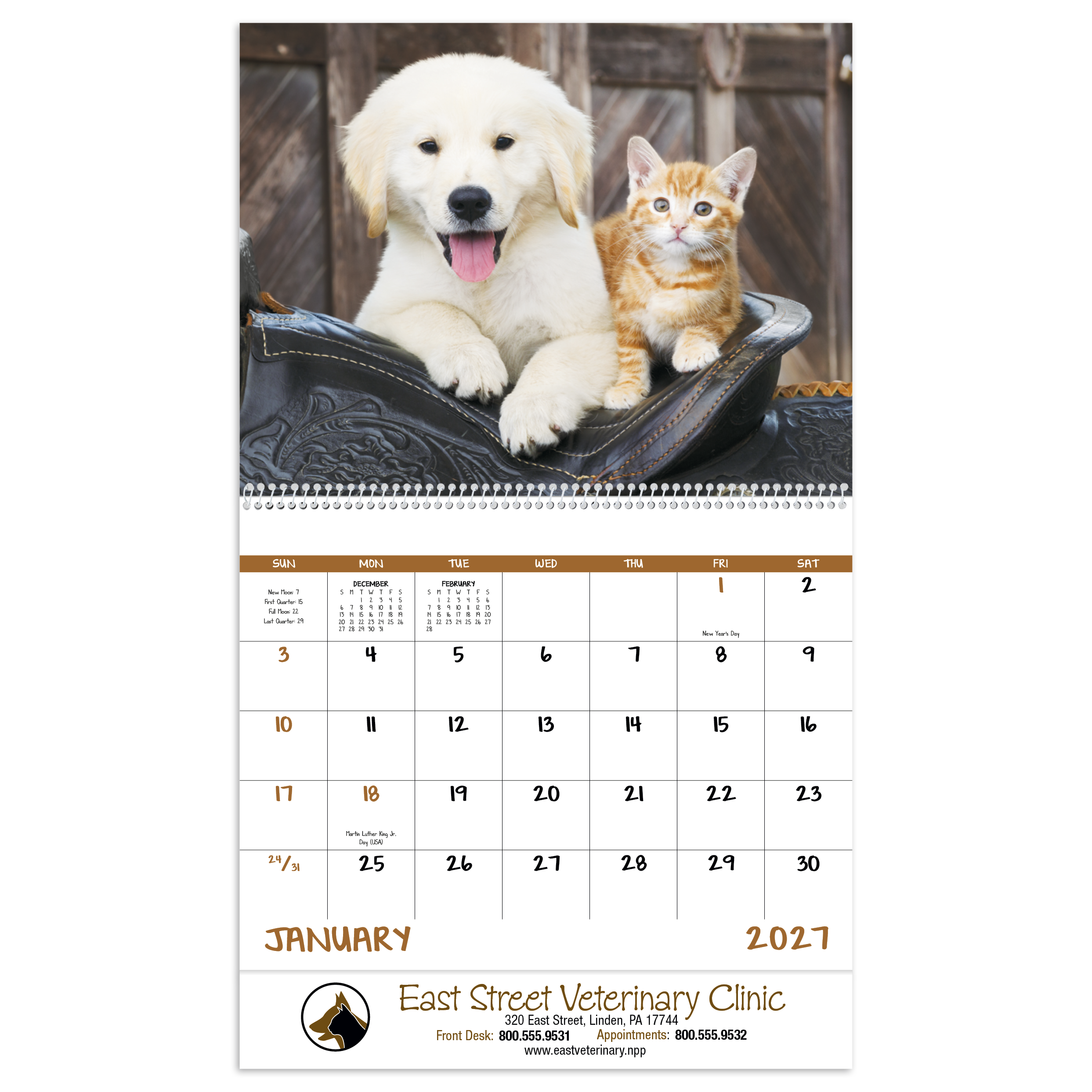 2027 spiral wall calendar featuring adorable baby farm animals including calves, piglets, lambs, chicks, and foals with colorful barnyard photography and a glossy UV-coated cover.