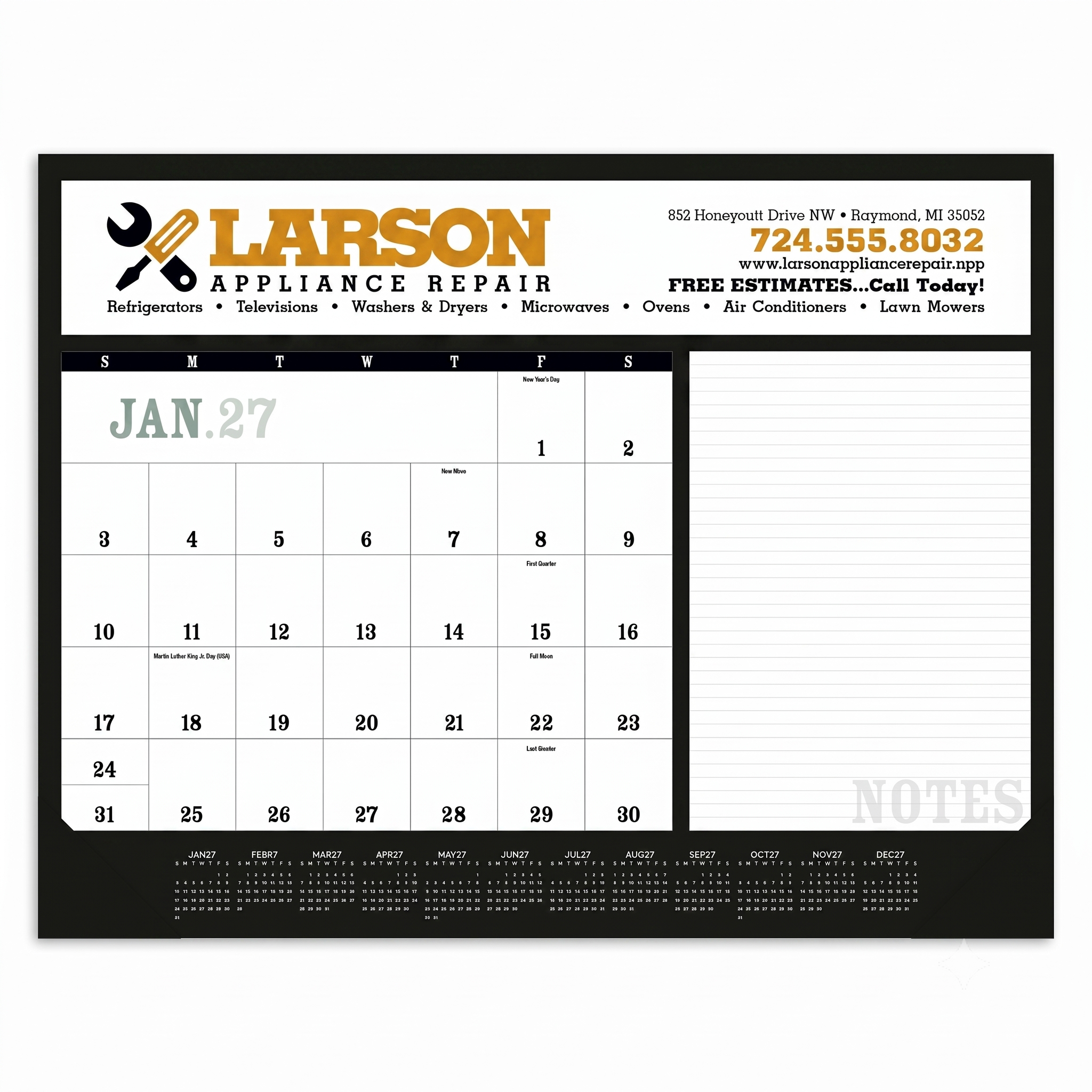 Black Notes Desk Pad Calendar with Vinyl Corners featuring a large monthly calendar grid, spacious lined notes section, durable vinyl corner protectors, and a desk pad design for organizing schedules, reminders, and daily tasks at home or in the office.