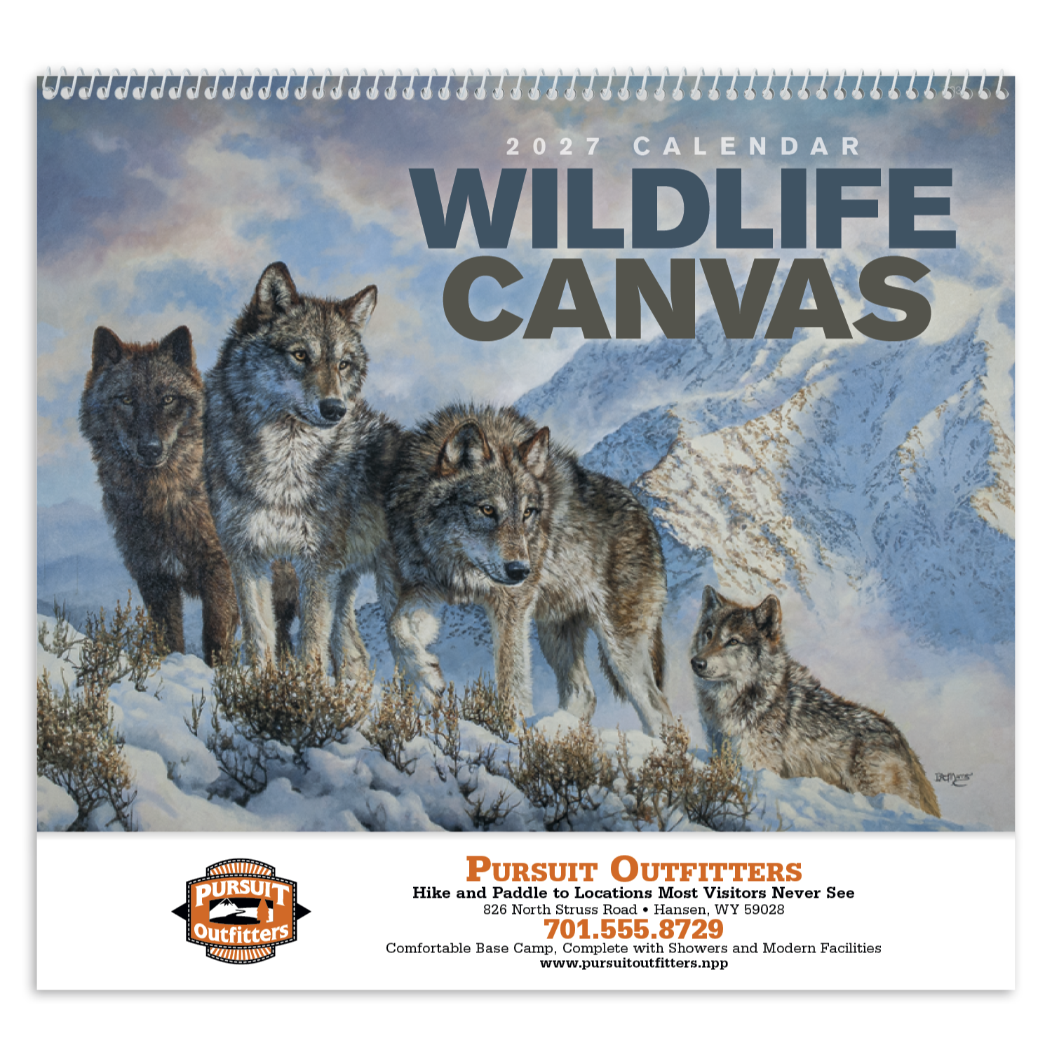 Wildlife Canvas Spiral Calendar featuring vibrant, detailed paintings of North American wildlife, glossy spiral-bound pages with spacious monthly calendar grids, and a wall calendar design for nature lovers, home, office, and year-round scheduling.