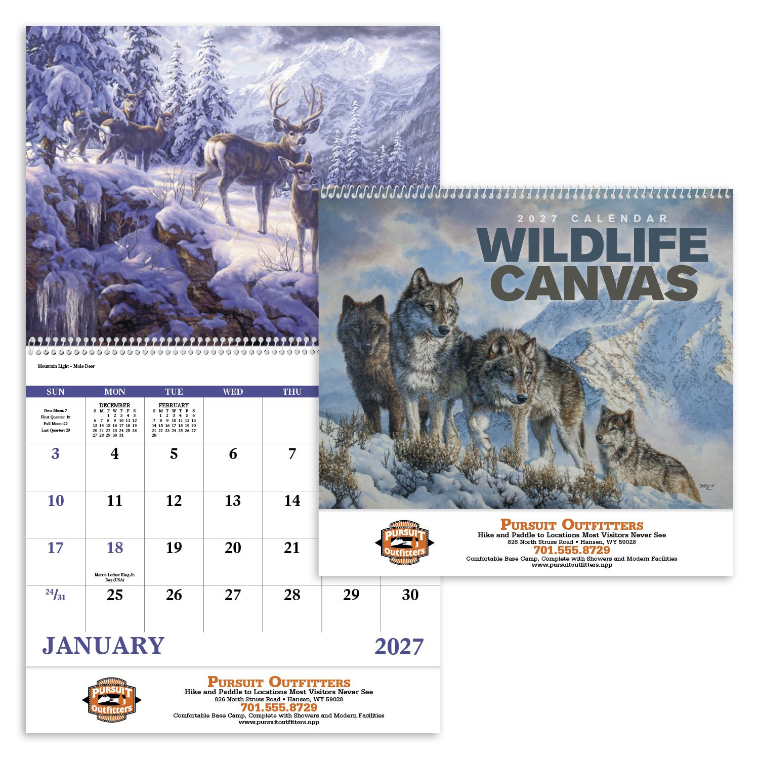 Wildlife Canvas Spiral Calendar featuring vibrant, detailed paintings of North American wildlife, glossy spiral-bound pages with spacious monthly calendar grids, and a wall calendar design for nature lovers, home, office, and year-round scheduling.