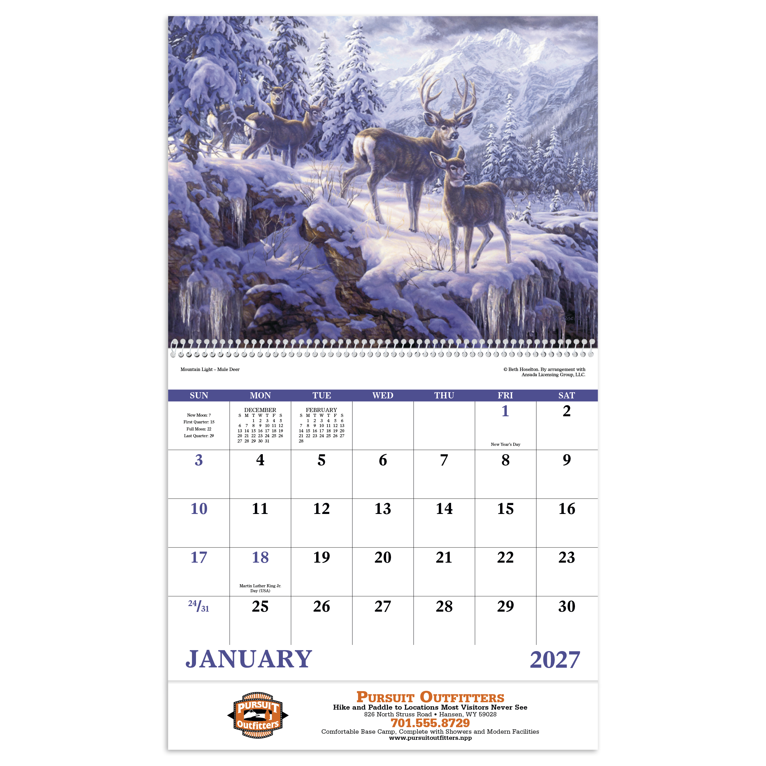 Wildlife Canvas Spiral Calendar featuring vibrant, detailed paintings of North American wildlife, glossy spiral-bound pages with spacious monthly calendar grids, and a wall calendar design for nature lovers, home, office, and year-round scheduling.