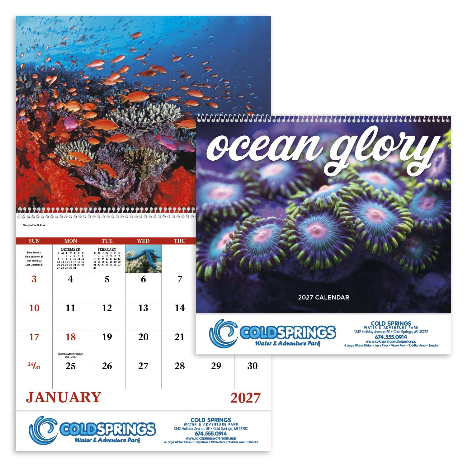 2027 spiral wall calendar featuring colorful sea life photography, including tropical fish, sea turtles, coral reefs, dolphins, and other marine animals with a glossy UV-coated cover.