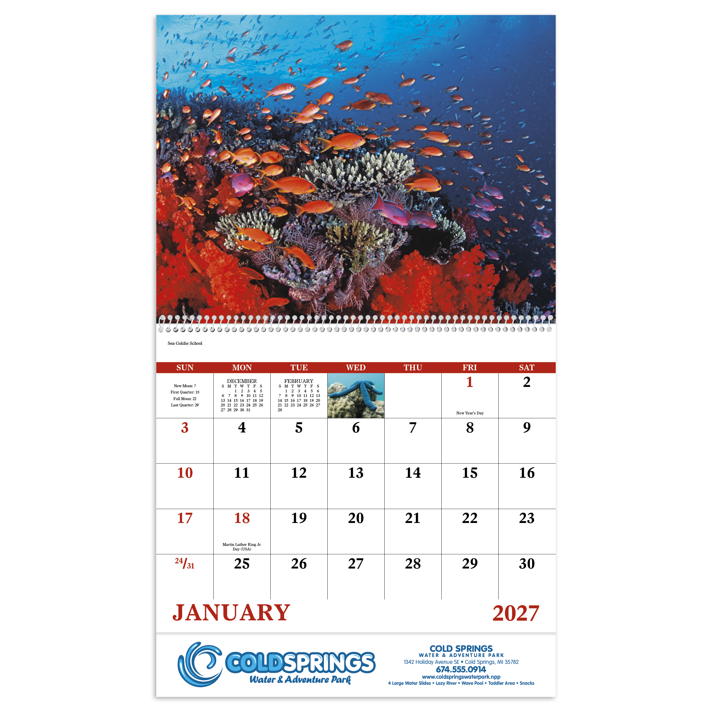 2027 spiral wall calendar featuring colorful sea life photography, including tropical fish, sea turtles, coral reefs, dolphins, and other marine animals with a glossy UV-coated cover.