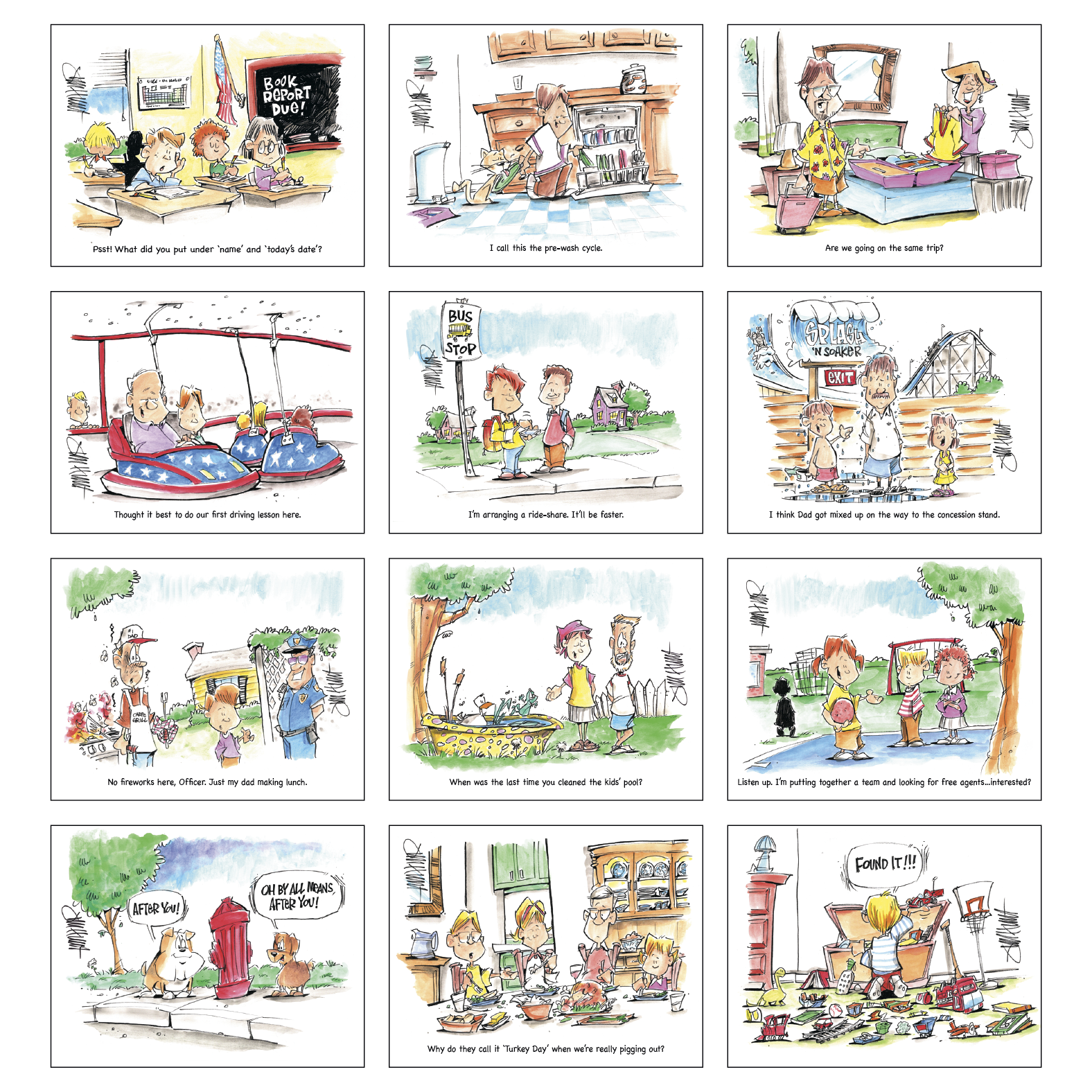 2027 spiral wall calendar featuring humorous family-life illustrations by Jim Hunt with colorful cartoon artwork, monthly calendar pages, and a glossy UV-coated cover.