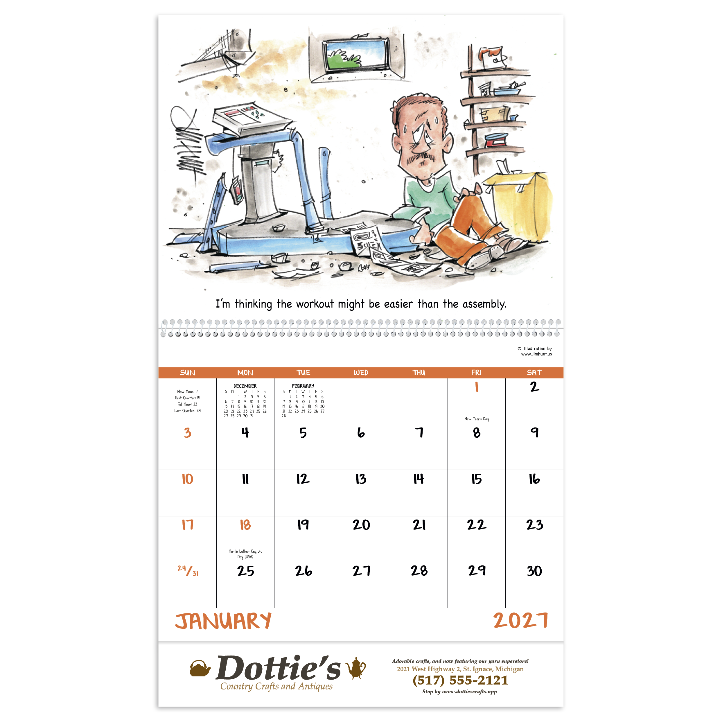 2027 spiral wall calendar featuring humorous family-life illustrations by Jim Hunt with colorful cartoon artwork, monthly calendar pages, and a glossy UV-coated cover.