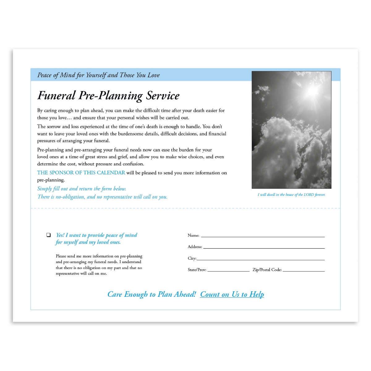 Religious wall calendar featuring Bible verses, inspirational imagery, and a funeral pre-planning form.