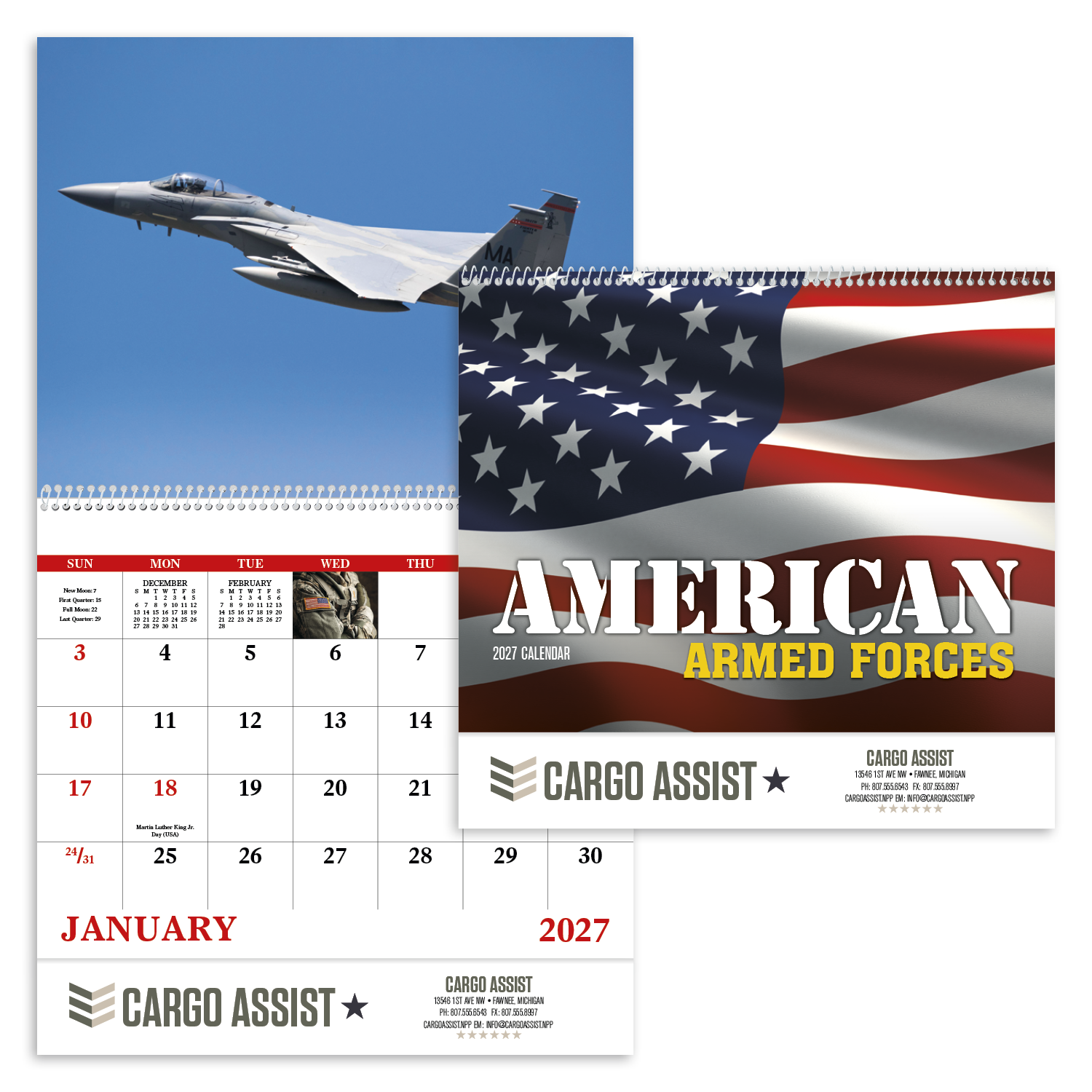 2027 spiral wall calendar featuring patriotic American Armed Forces imagery, including military personnel, service members, and American flags with a glossy UV-coated cover.
