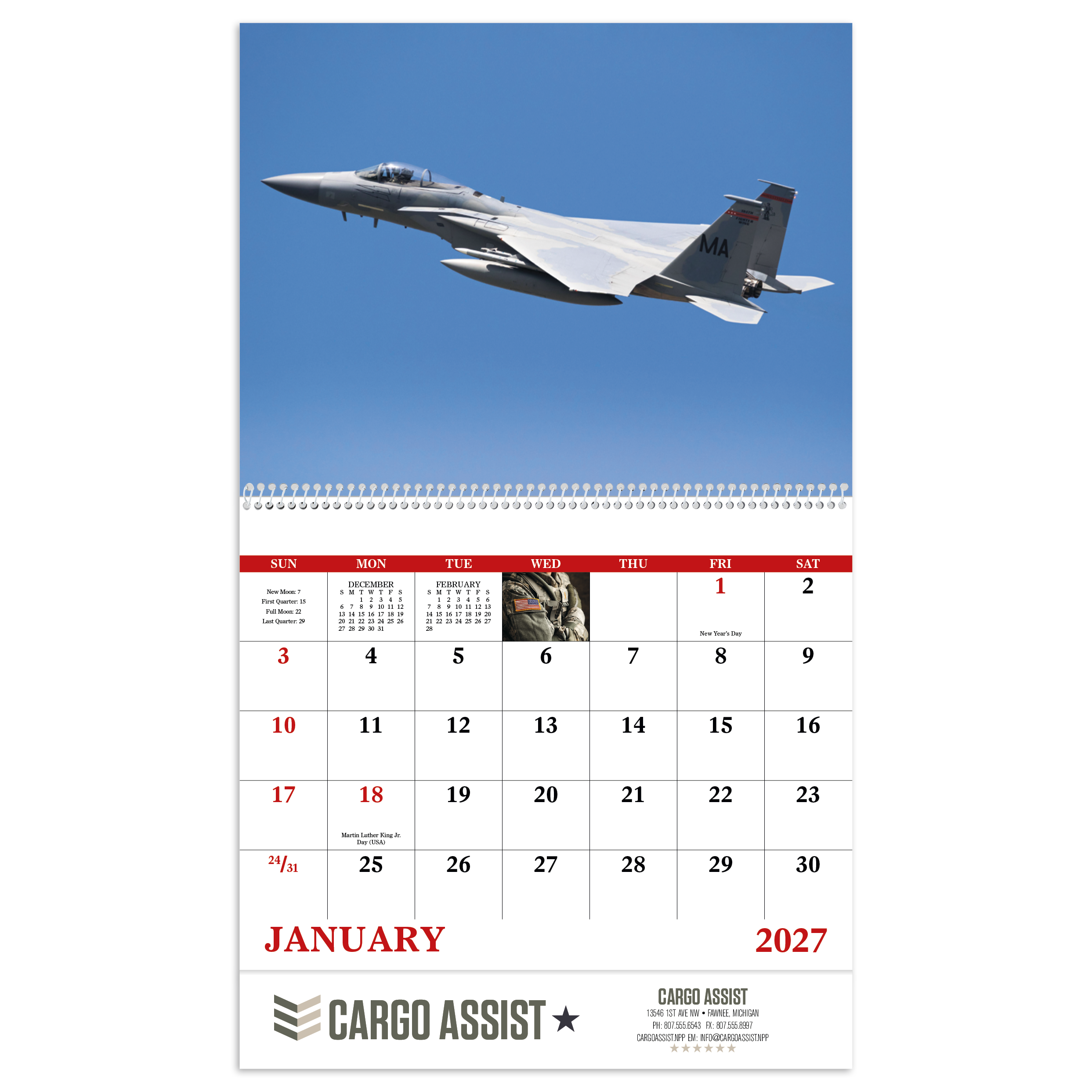 2027 spiral wall calendar featuring patriotic American Armed Forces imagery, including military personnel, service members, and American flags with a glossy UV-coated cover.