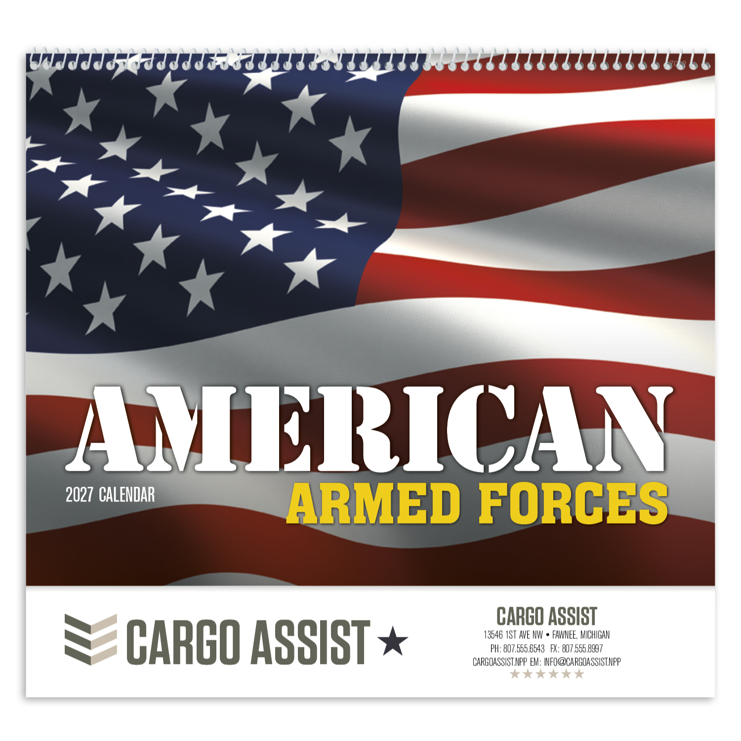 2027 spiral wall calendar featuring patriotic American Armed Forces imagery, including military personnel, service members, and American flags with a glossy UV-coated cover.