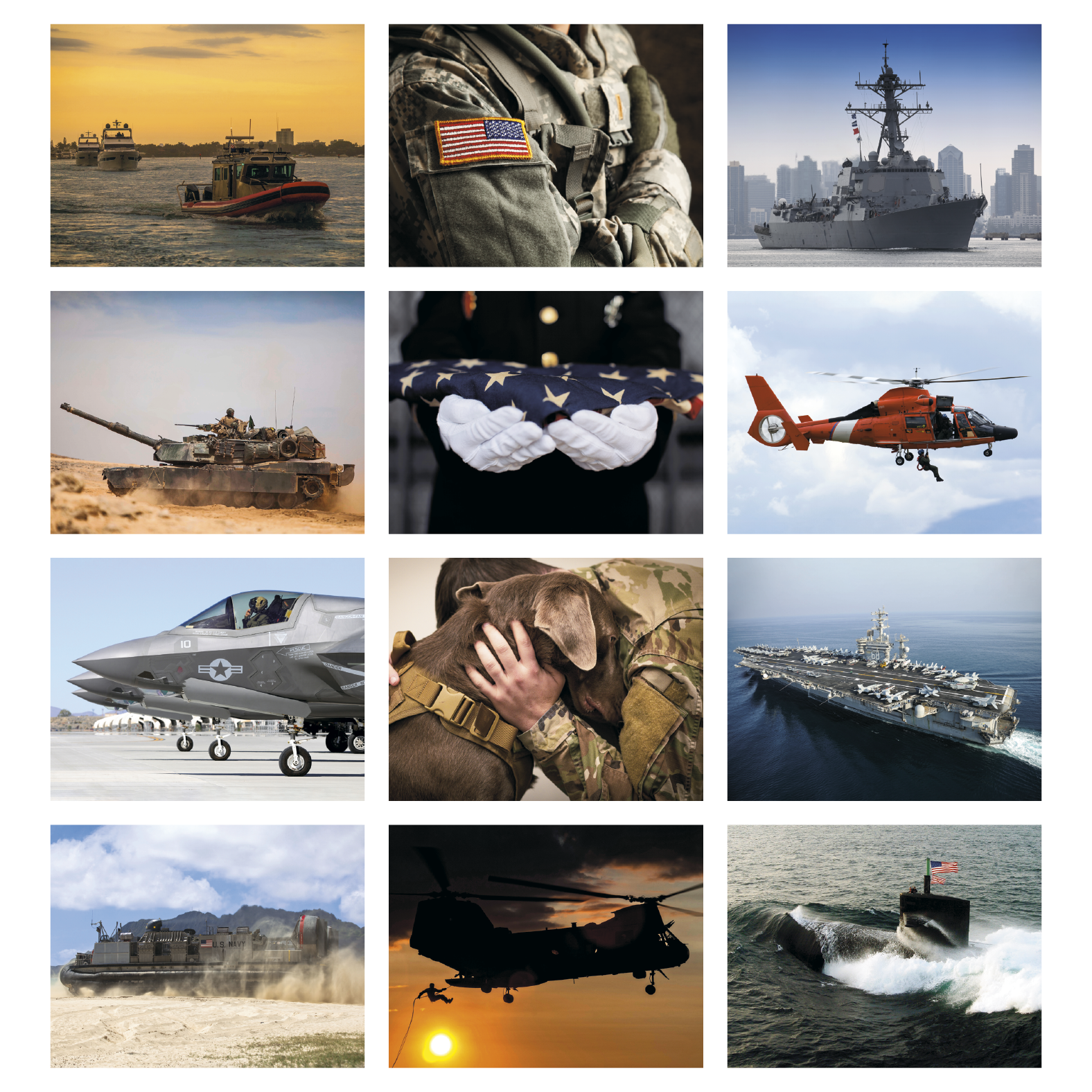 2027 spiral wall calendar featuring patriotic American Armed Forces imagery, including military personnel, service members, and American flags with a glossy UV-coated cover.