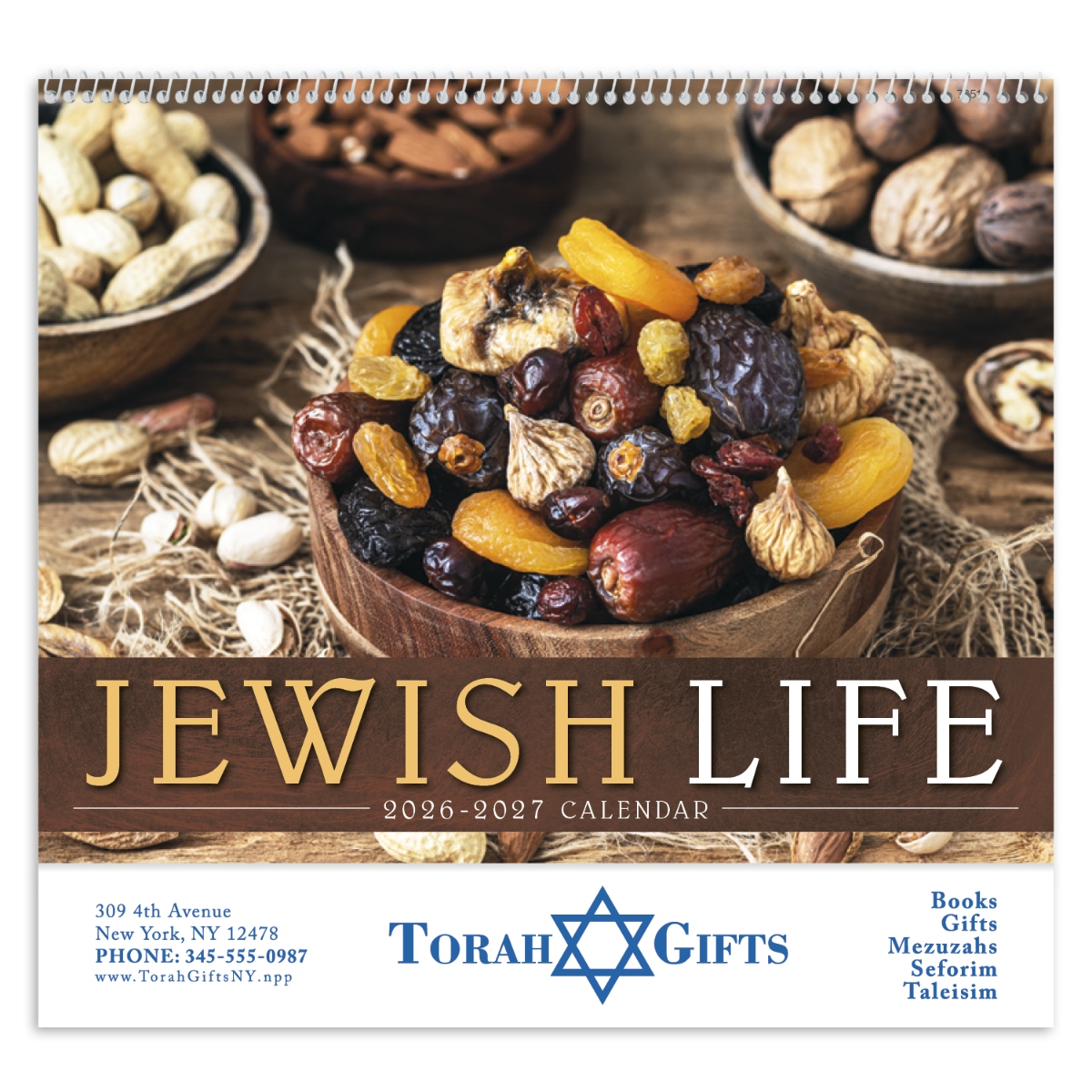Jewish calendar featuring religious observances, traditional imagery, and a September-to-September calendar format.