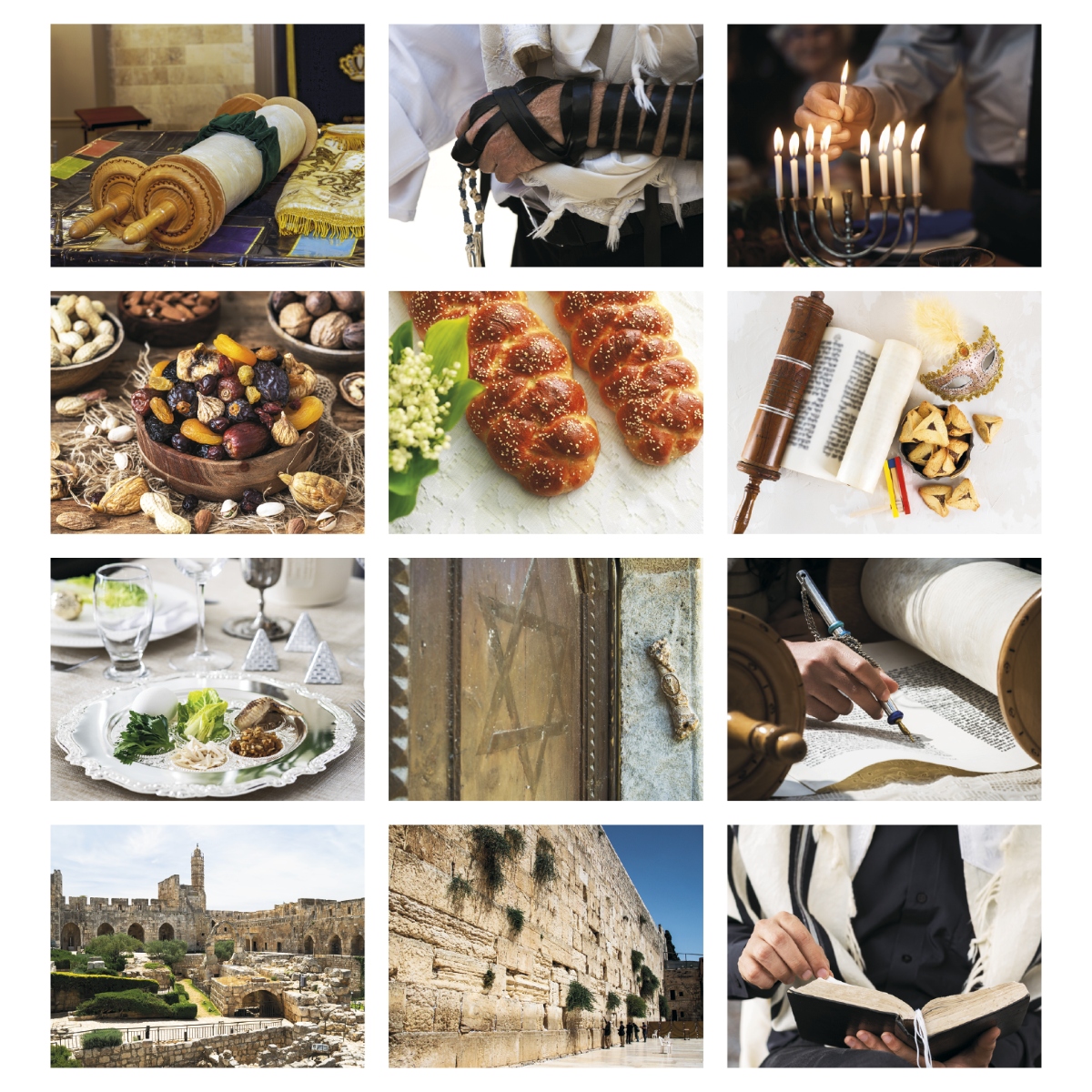 Jewish calendar featuring religious observances, traditional imagery, and a September-to-September calendar format.