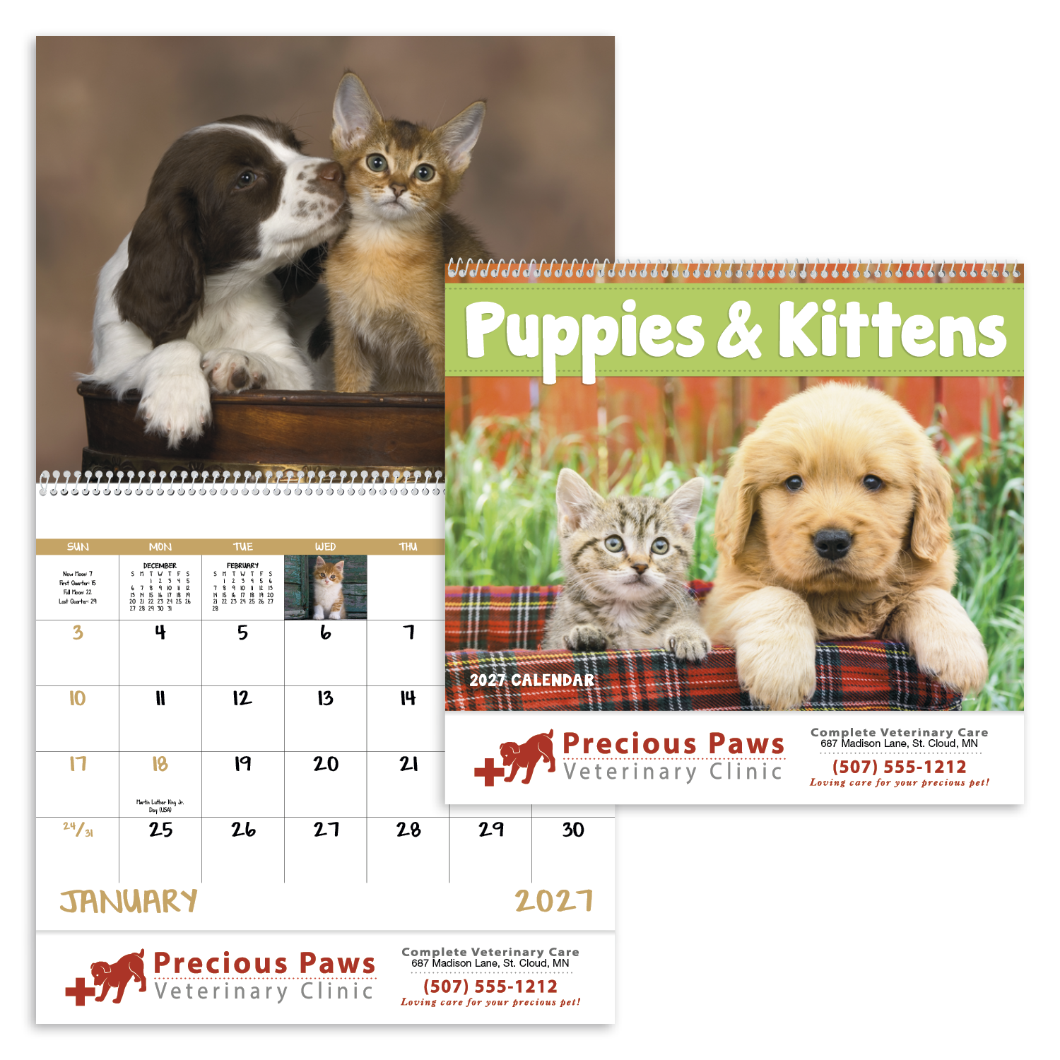 2027 spiral wall calendar featuring adorable puppies and kittens with colorful pet photography, monthly calendar pages, and a glossy UV-coated cover.