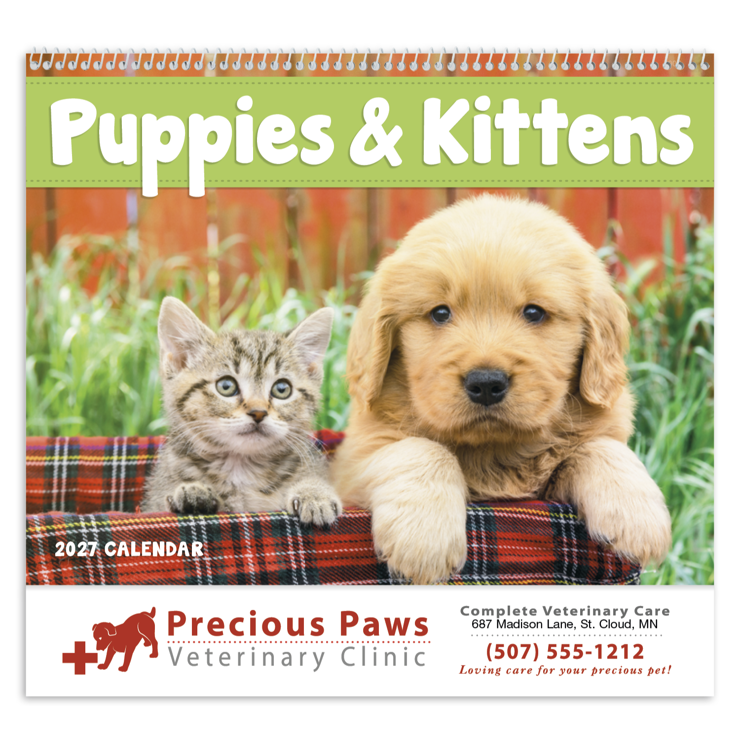2027 spiral wall calendar featuring adorable puppies and kittens with colorful pet photography, monthly calendar pages, and a glossy UV-coated cover.
