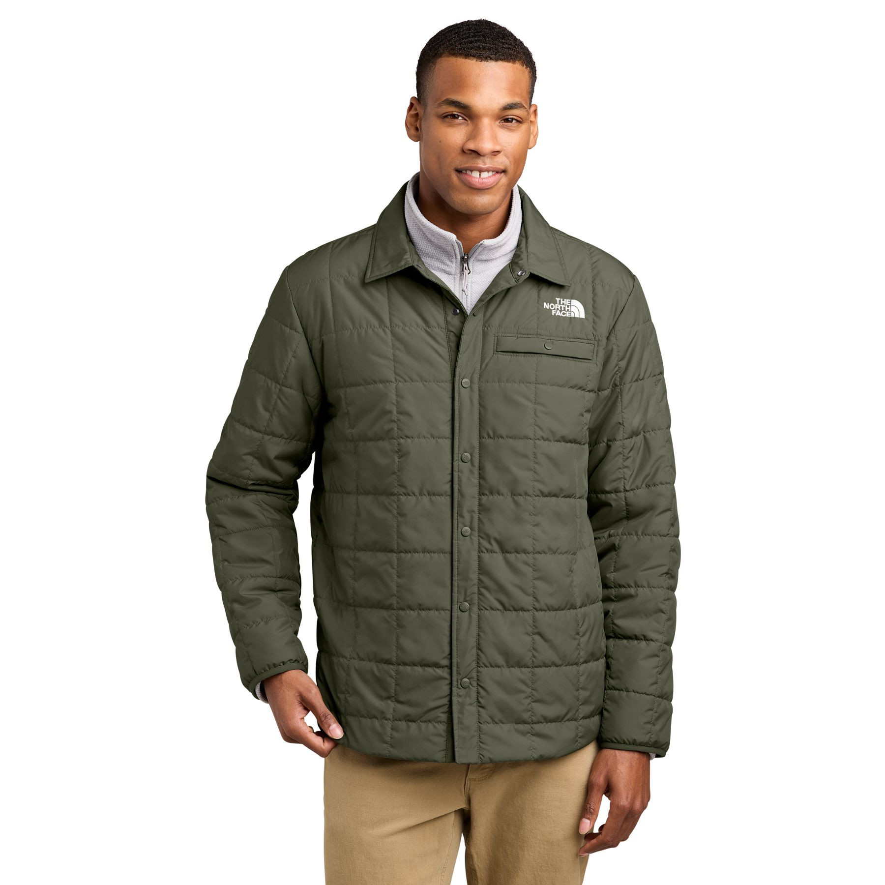 New Taupe Green The North Face® Iron Drift Quilted Shirt Jacket an insulated quilted shirt jacket with a snap-front closure, spread collar, chest flap pockets, side hand pockets, and durable water-repellent finish, designed for lightweight warmth, layering, and everyday outdoor wear.