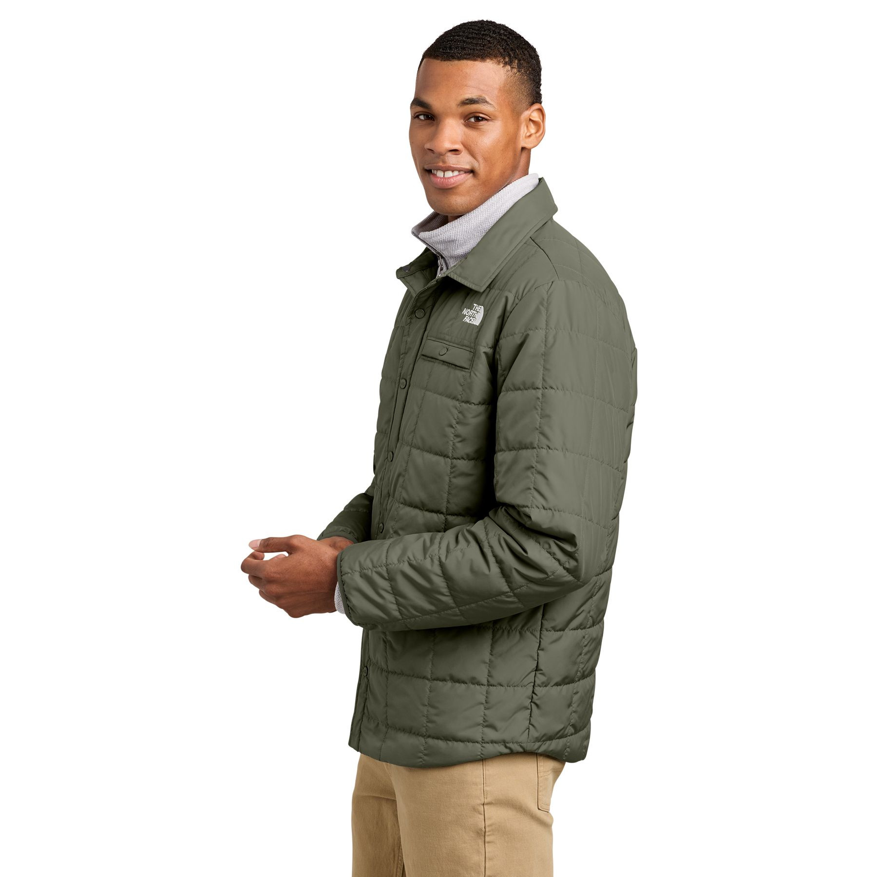 New Taupe Green The North Face® Iron Drift Quilted Shirt Jacket an insulated quilted shirt jacket with a snap-front closure, spread collar, chest flap pockets, side hand pockets, and durable water-repellent finish, designed for lightweight warmth, layering, and everyday outdoor wear.