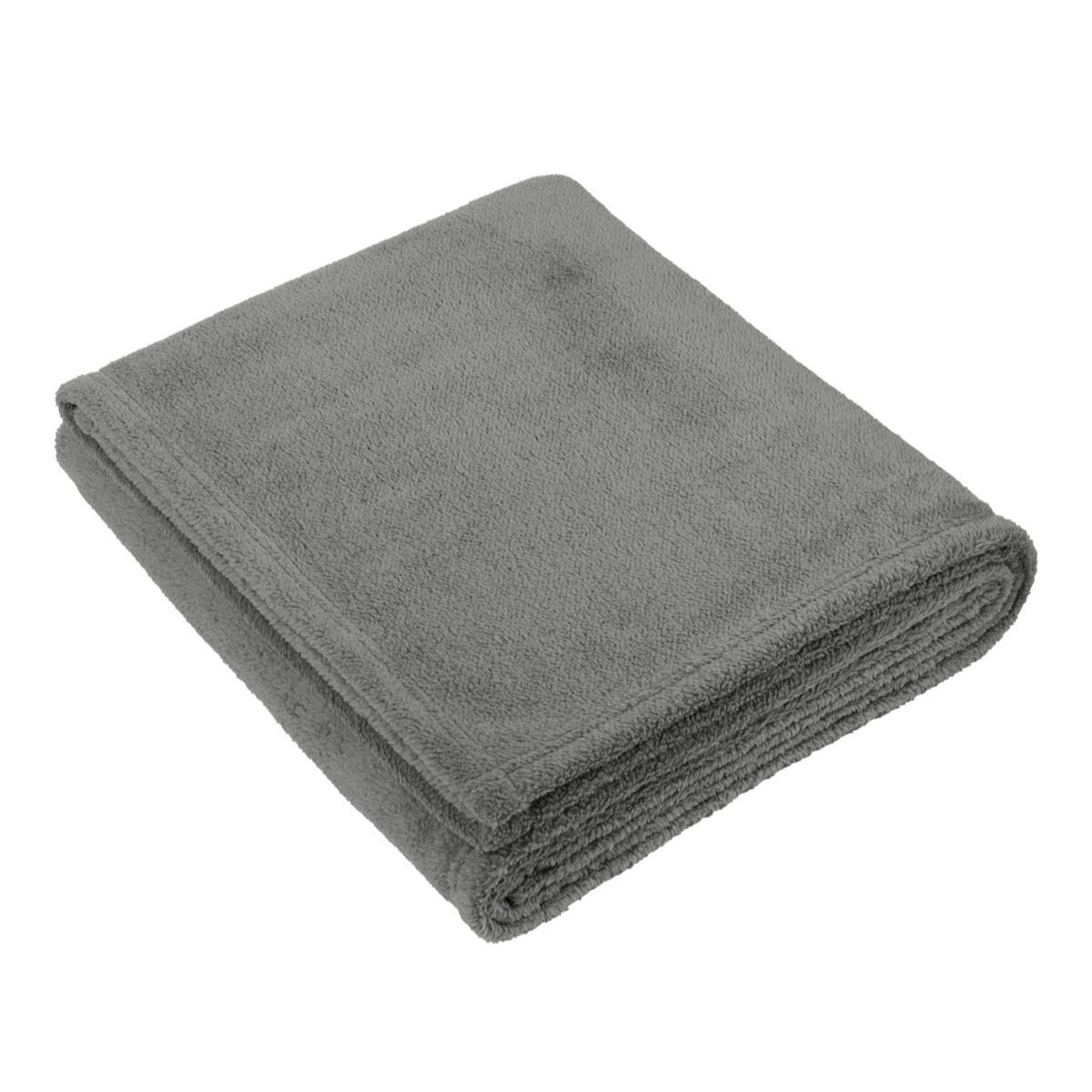 Frost Grey plush fleece blanket with soft double-sided polyester knit construction and fully hemmed edges for cozy comfort.
