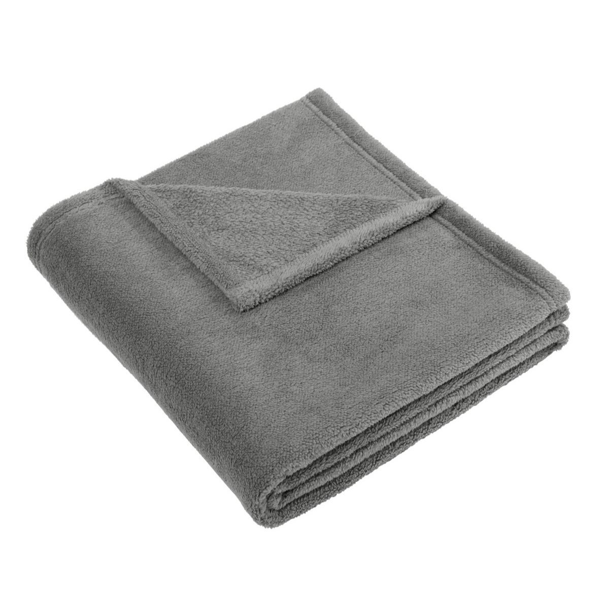 Frost Grey plush fleece blanket with soft double-sided polyester knit construction and fully hemmed edges for cozy comfort.