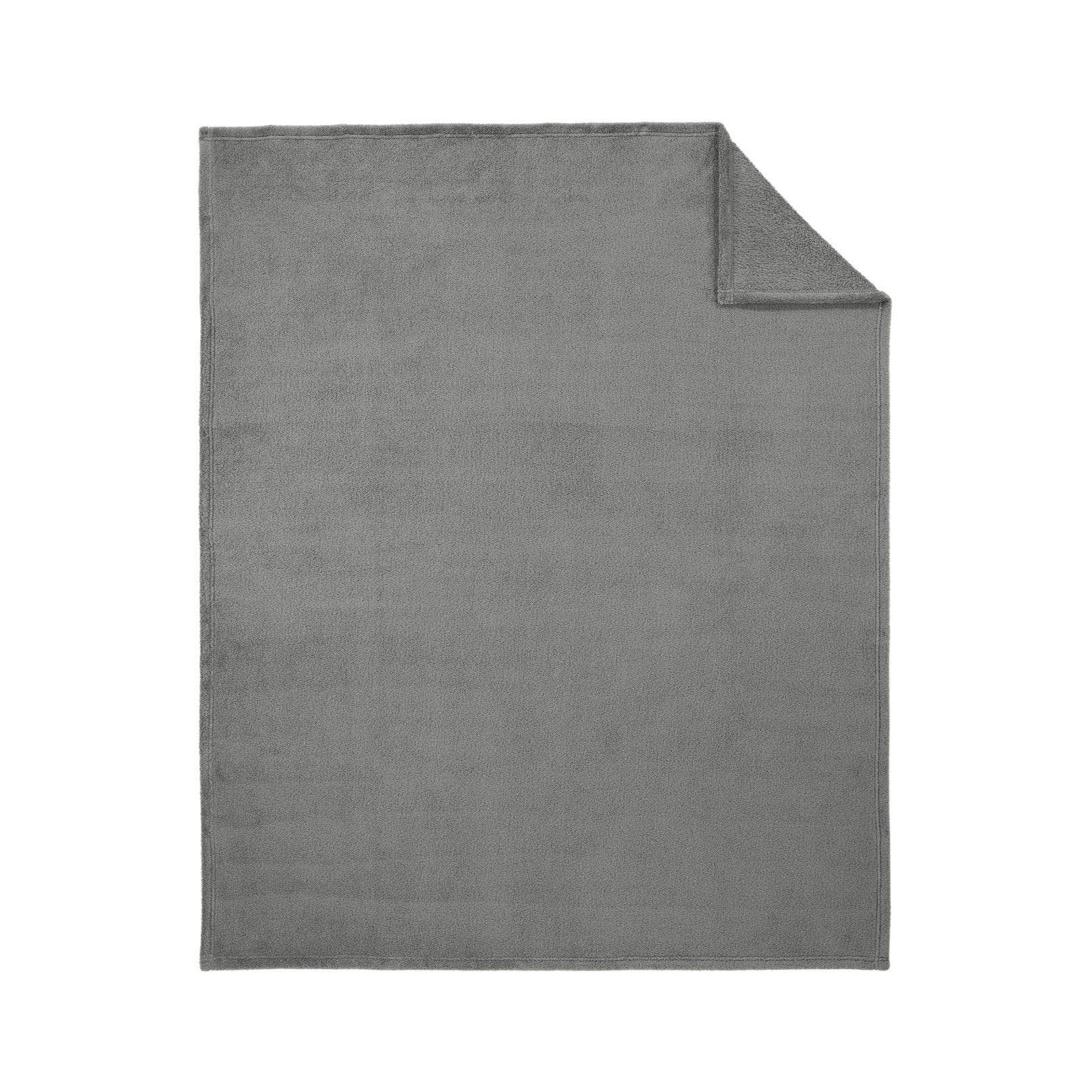 Frost Grey plush fleece blanket with soft double-sided polyester knit construction and fully hemmed edges for cozy comfort.