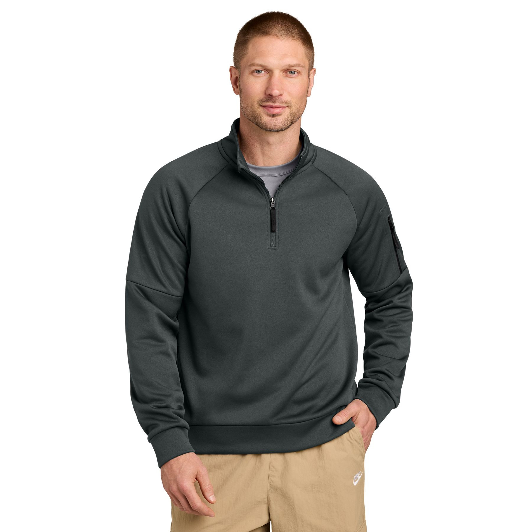 Anthracite Nike Therma-FIT Pocket 1/4-Zip Pullover a performance pullover with Therma-FIT fabric, stand collar, quarter-zip front, zippered chest pocket, open cuffs, and an embroidered Nike Swoosh, designed for lightweight warmth, training, golf, and everyday layering.