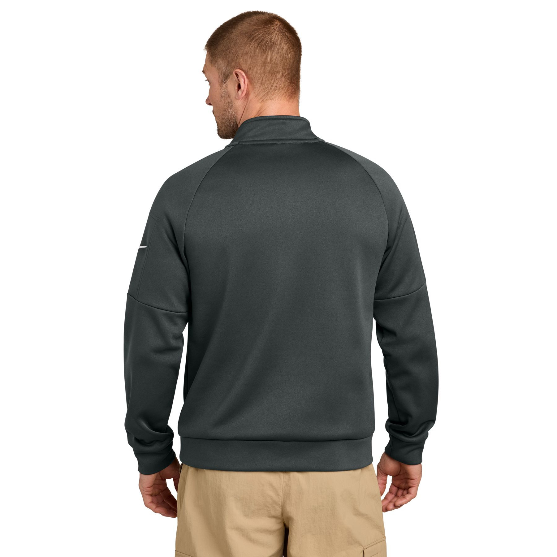 Anthracite Nike Therma-FIT Pocket 1/4-Zip Pullover a performance pullover with Therma-FIT fabric, stand collar, quarter-zip front, zippered chest pocket, open cuffs, and an embroidered Nike Swoosh, designed for lightweight warmth, training, golf, and everyday layering.