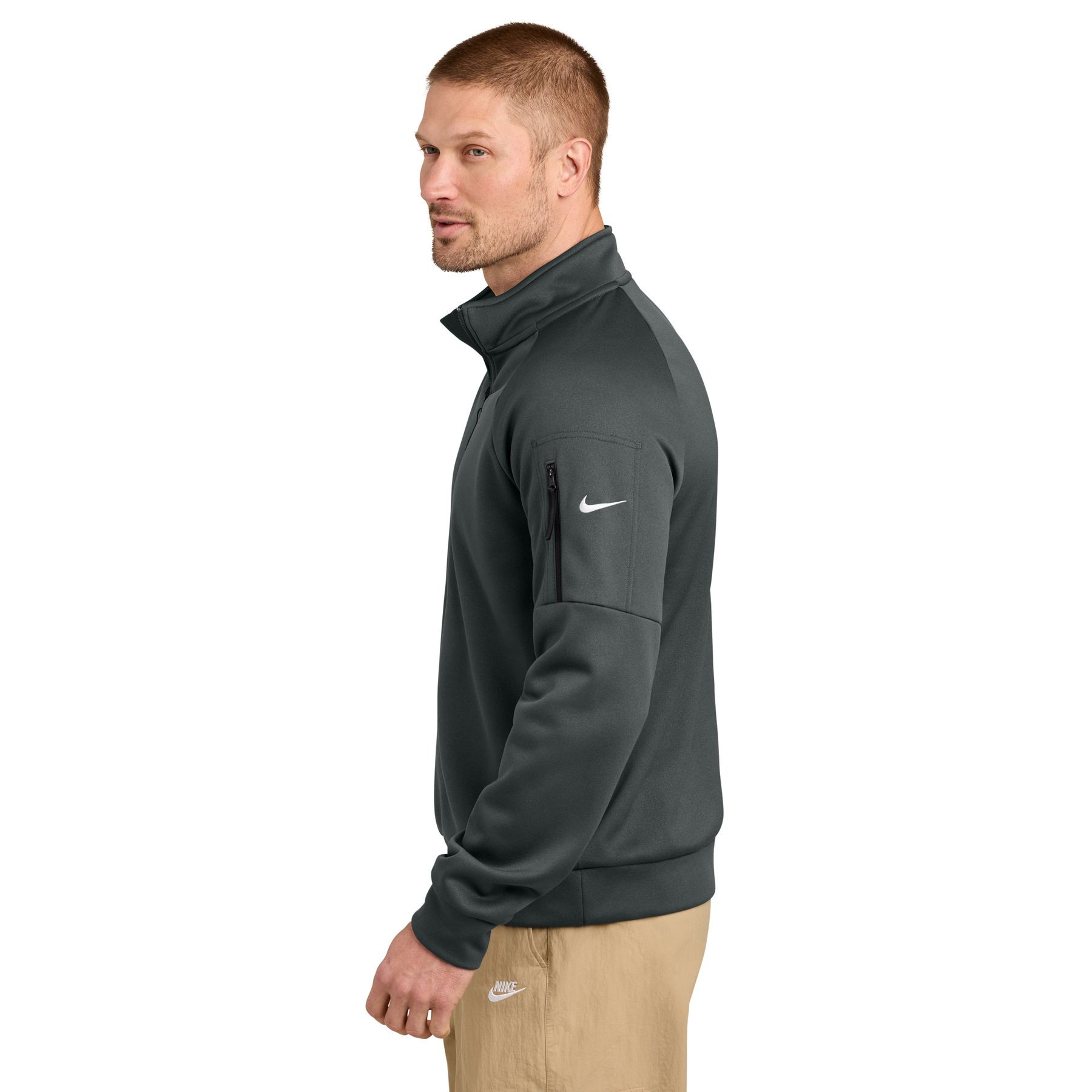 Anthracite Nike Therma-FIT Pocket 1/4-Zip Pullover a performance pullover with Therma-FIT fabric, stand collar, quarter-zip front, zippered chest pocket, open cuffs, and an embroidered Nike Swoosh, designed for lightweight warmth, training, golf, and everyday layering.