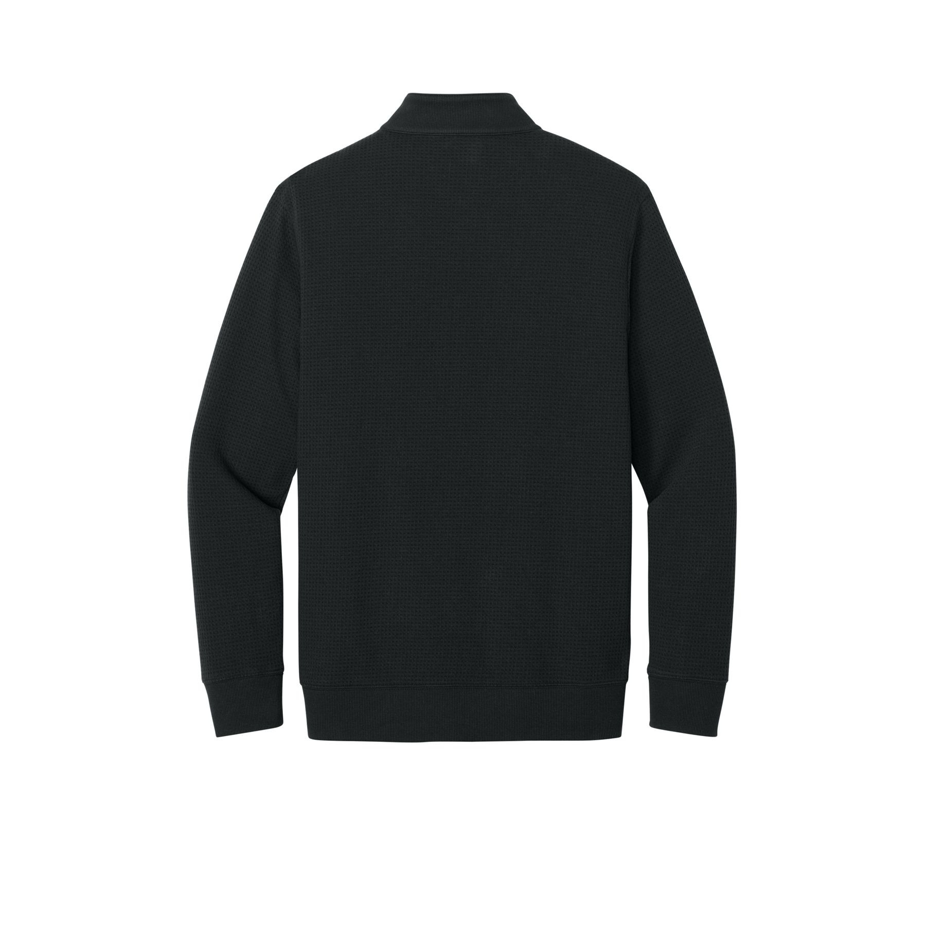 Black TravisMathew Waffle 1/4-Zip a lightweight waffle-knit pullover with a quarter-zip front, rib-knit collar, cuffs, and hem, leather zipper pull, and TravisMathew logo patch, offering breathable warmth and a refined casual look for golf, work, travel, and everyday wear.