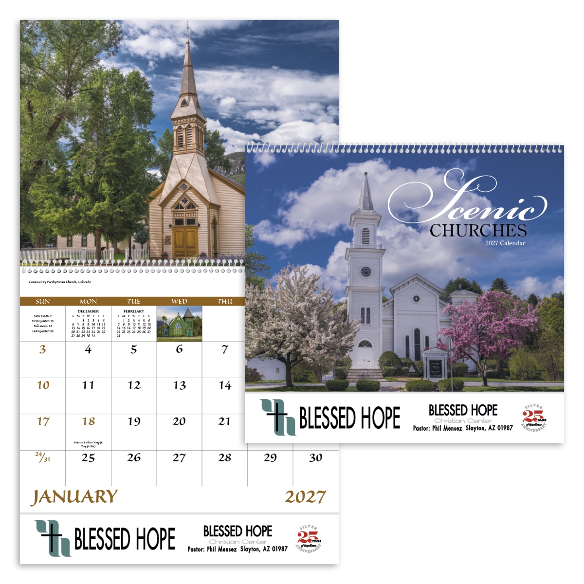 Wall calendar featuring charming country churches and peaceful rural landscapes.