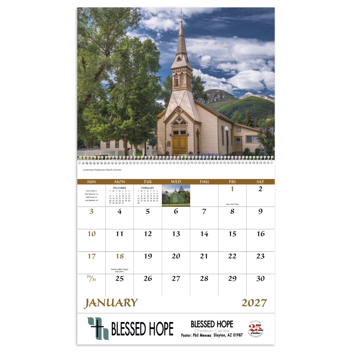 Wall calendar featuring charming country churches and peaceful rural landscapes.