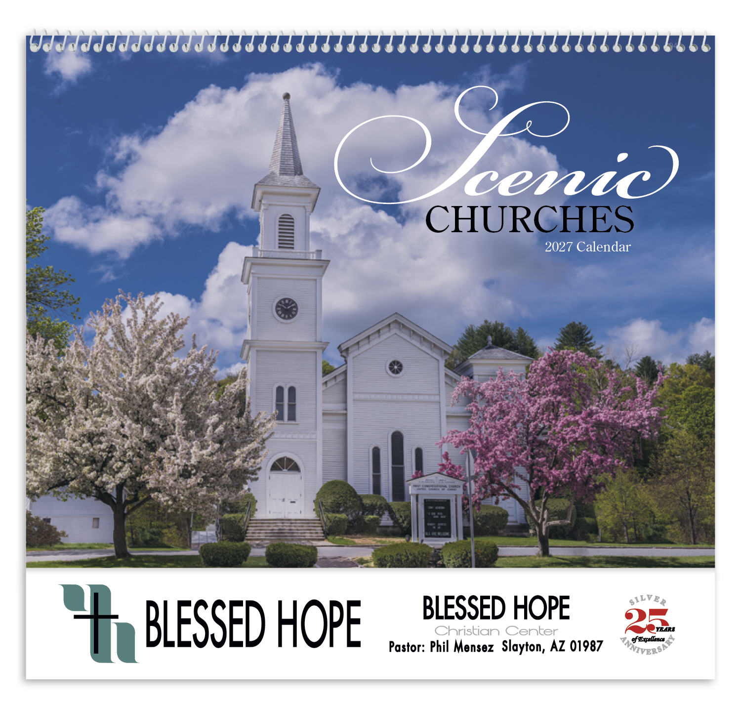 Wall calendar featuring charming country churches and peaceful rural landscapes.