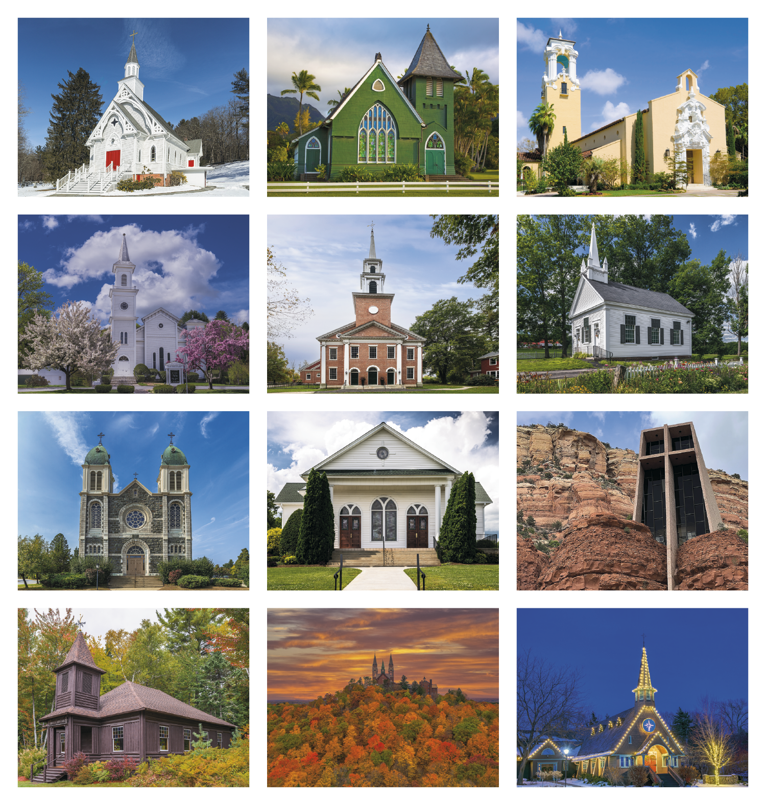 Wall calendar featuring charming country churches and peaceful rural landscapes.