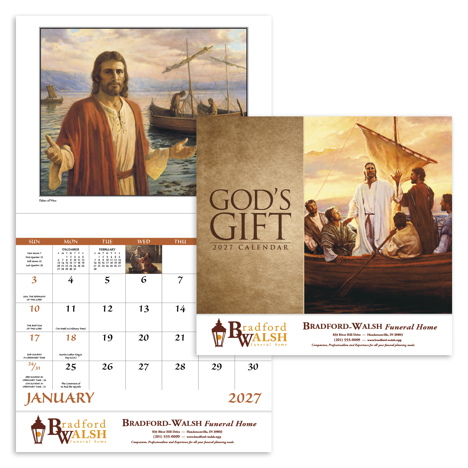 God's Gift Stapled Calendar featuring inspiring Christian artwork with biblical themes, glossy stapled pages with spacious monthly appointment calendar grids, Roman Catholic observances, and a wall calendar design for churches, homes, offices, and year-round scheduling.