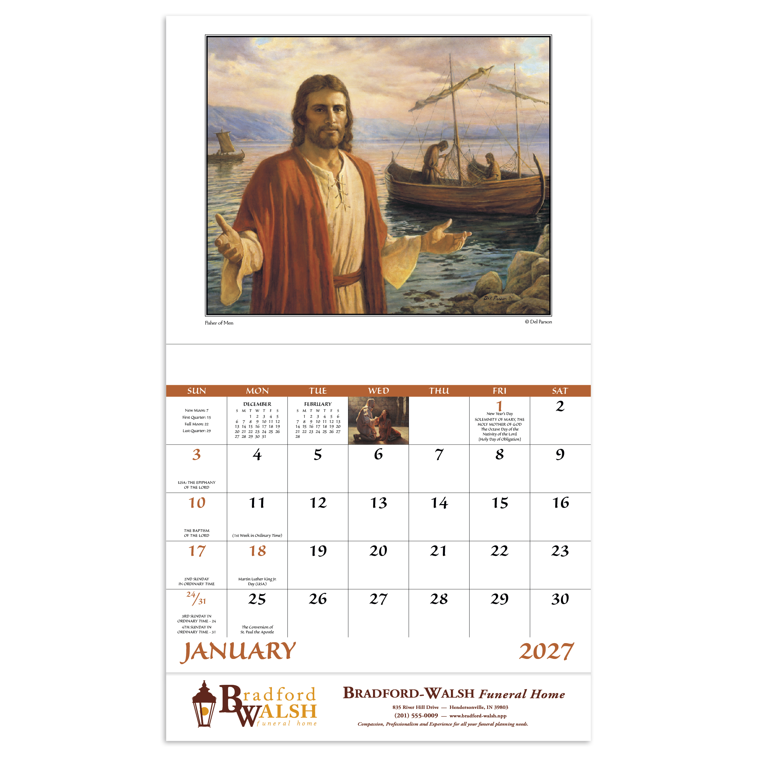 God's Gift Stapled Calendar featuring inspiring Christian artwork with biblical themes, glossy stapled pages with spacious monthly appointment calendar grids, Roman Catholic observances, and a wall calendar design for churches, homes, offices, and year-round scheduling.