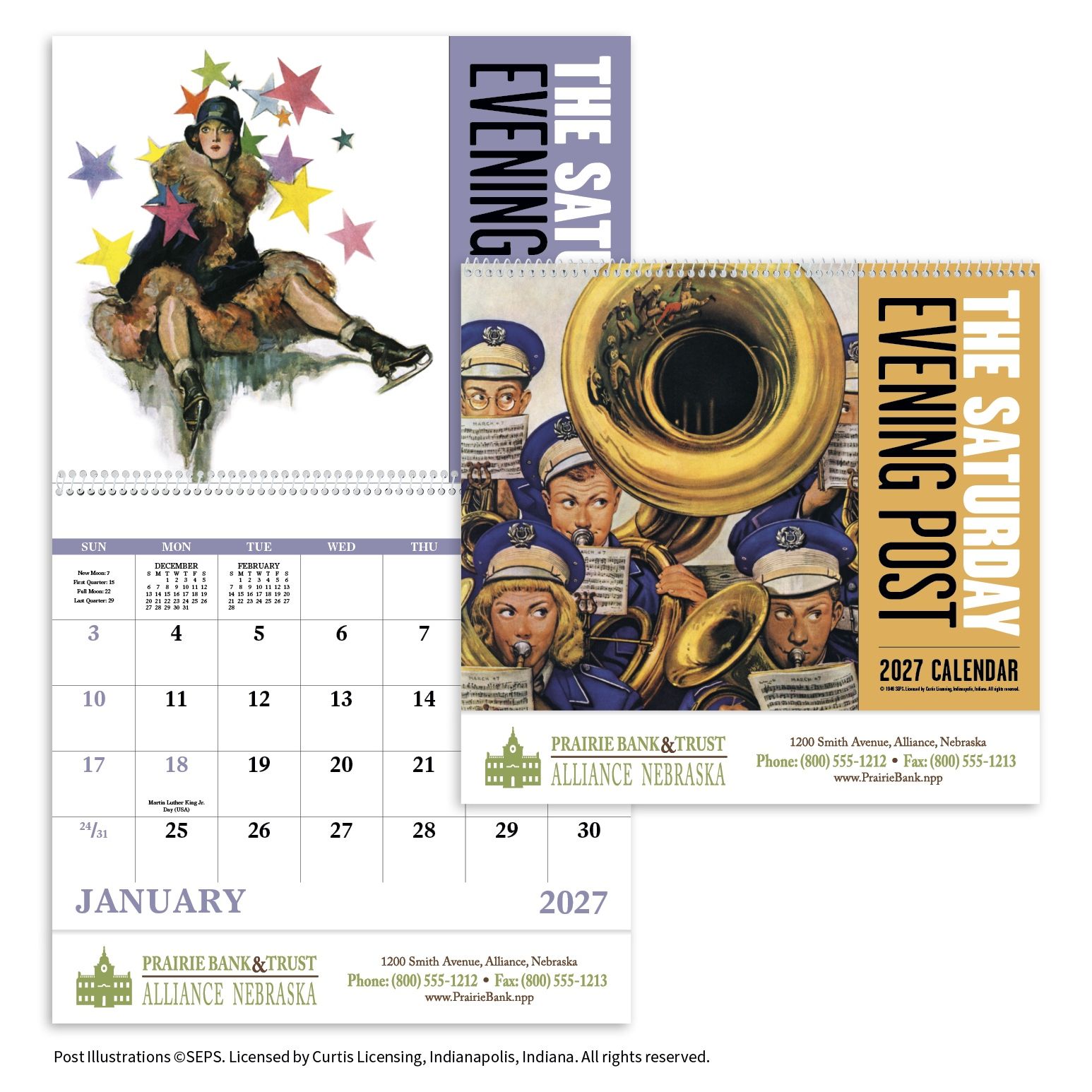 Good Value™ nostalgic wall calendar featuring vintage-style Saturday Evening Post illustrations with a UV-coated cover and spiral binding printed on FSC®-certified gloss paper.